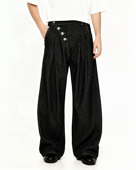 Pinstripe Pleated Wide Leg Asymmetric-Button Denim Jeans - nightcity clothing