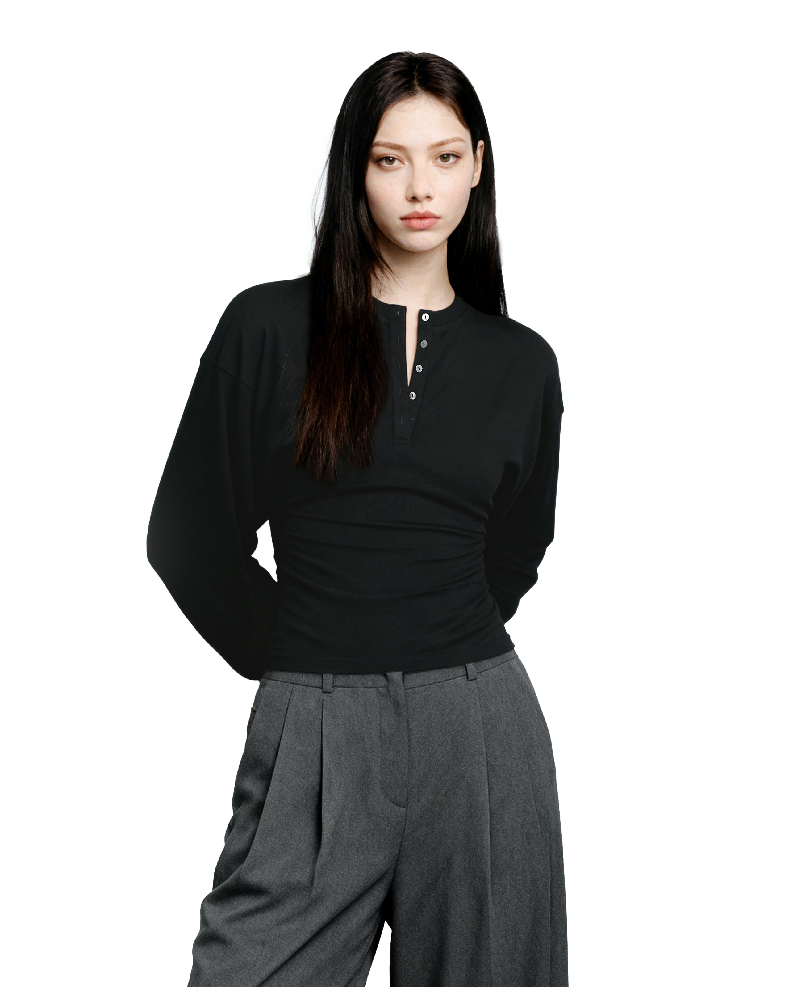 Henley Neck Cinch-Waisted T-Shirt With Balloon Sleeves - nightcity clothing