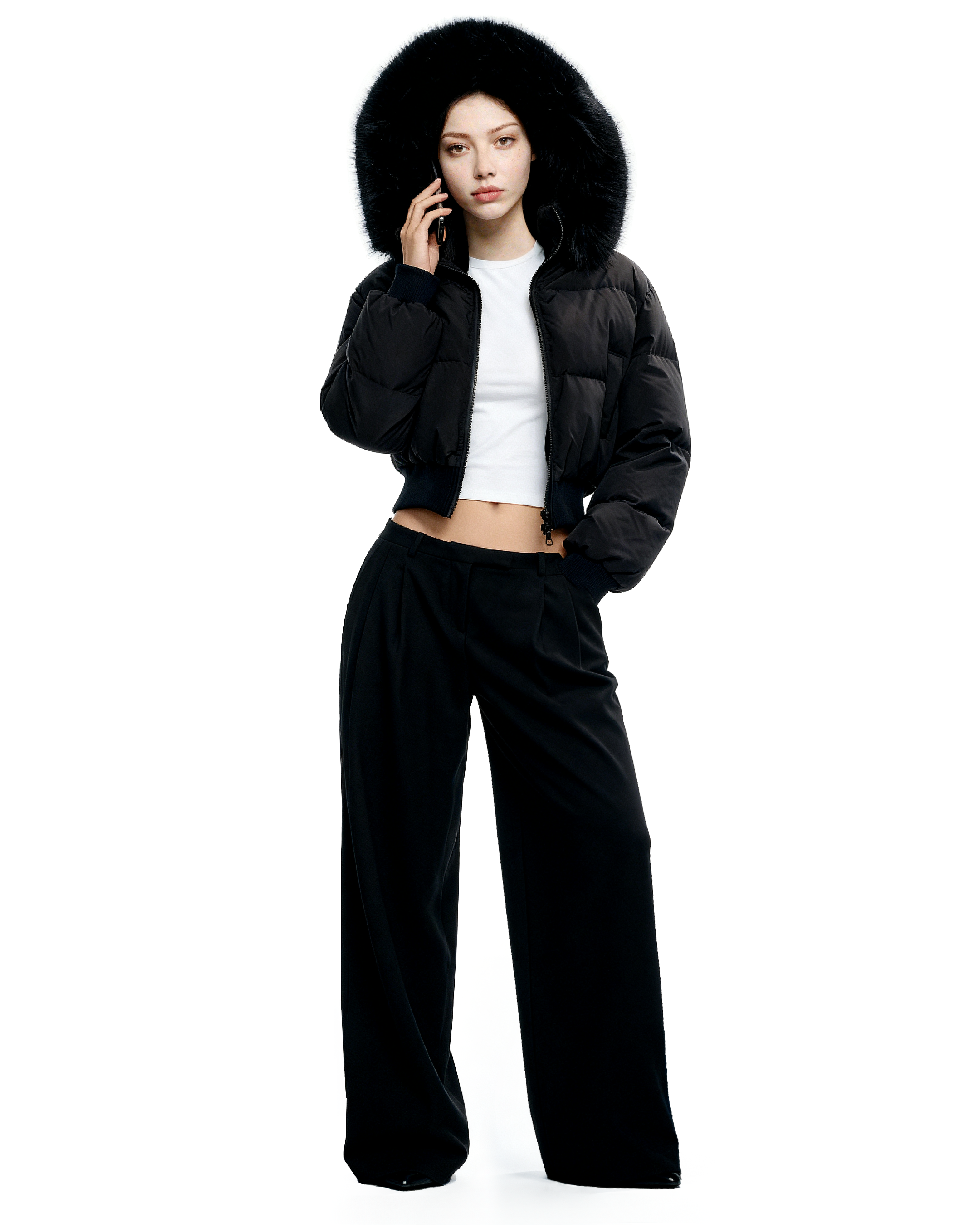 Crop Puffer Jacket with Detachable Faux Fur Hood Trim - nightcity clothing