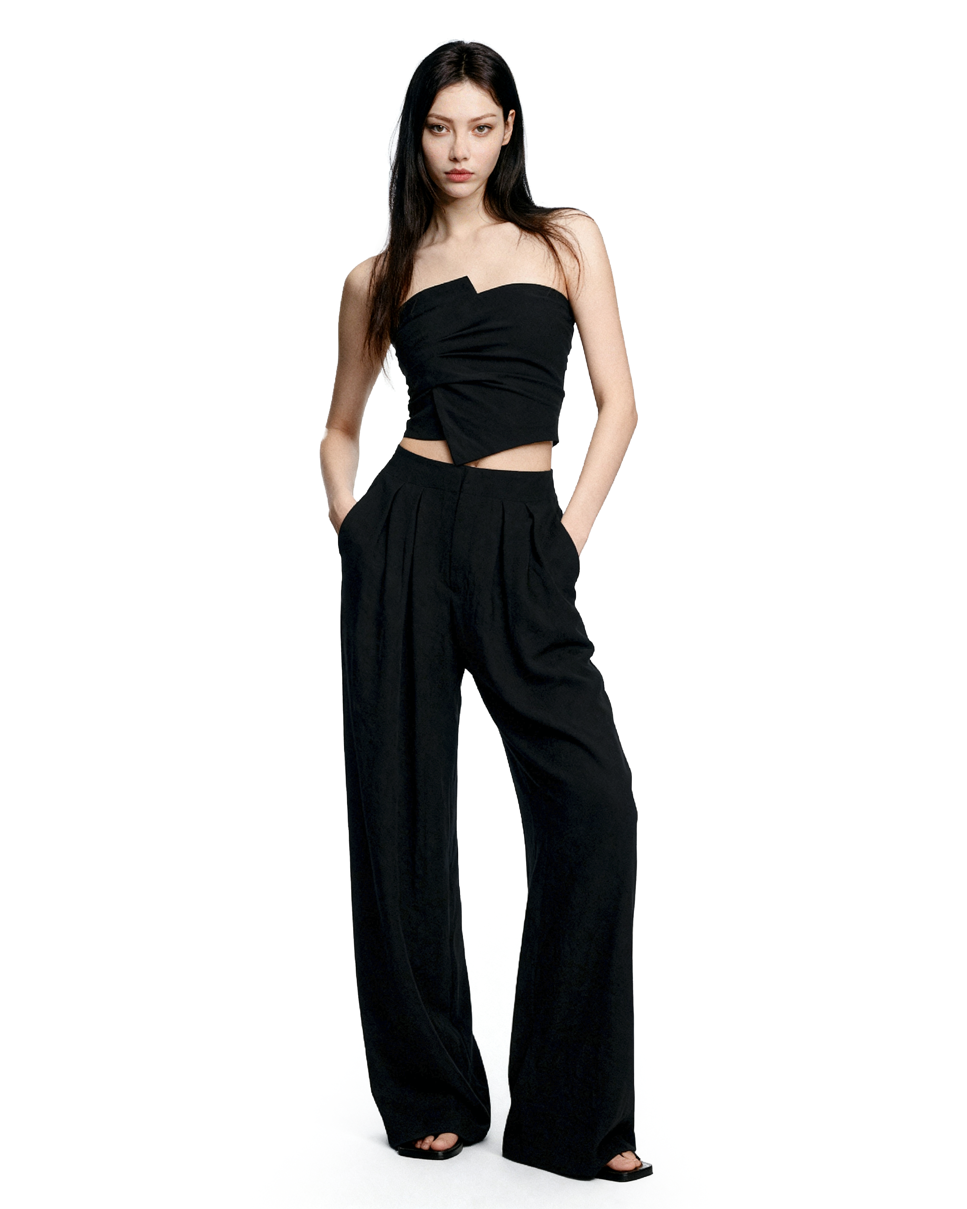 Strapless Asymmetric Top and Wide Leg Pleated Pant Two-Piece Set - nightcity clothing