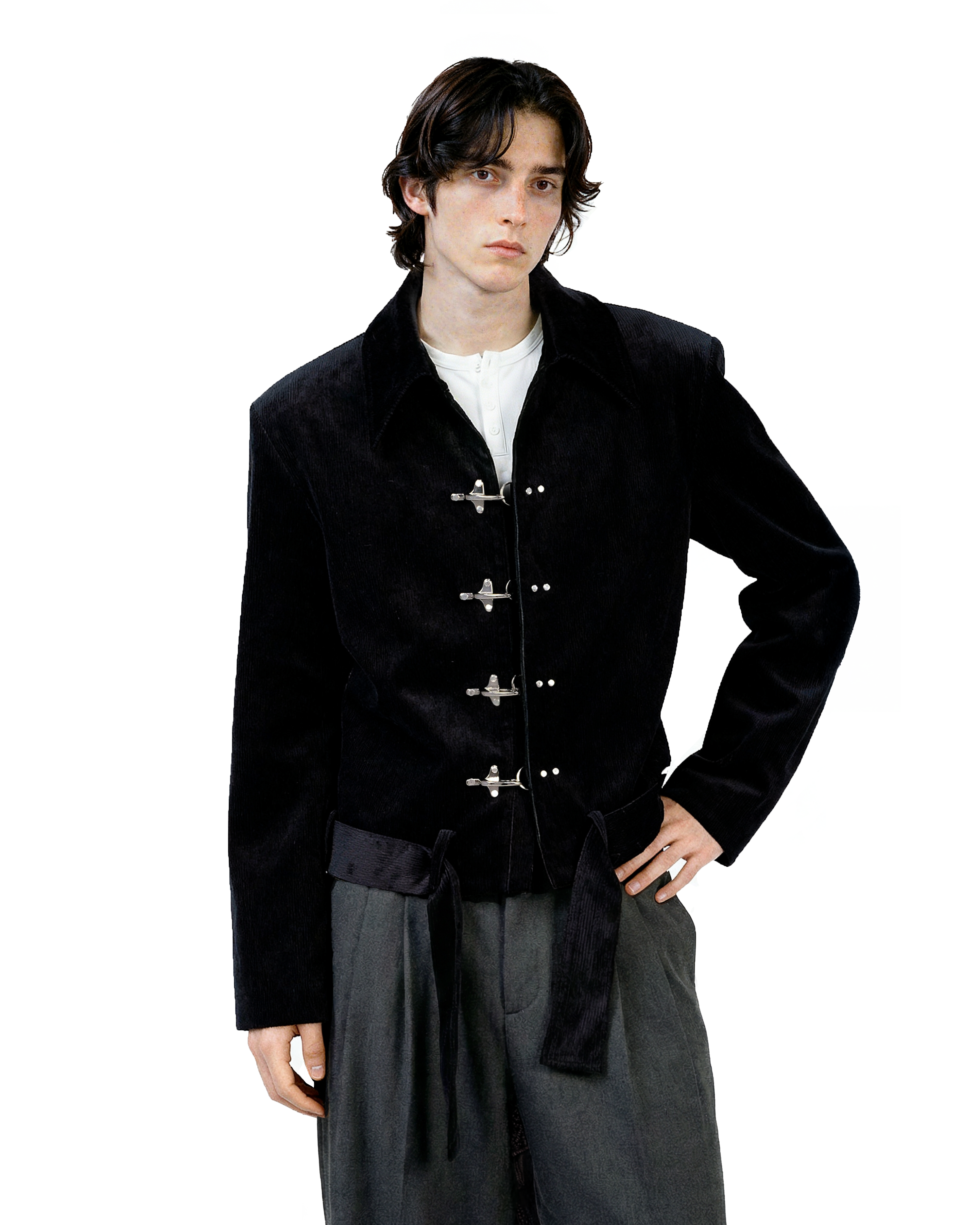 Fireman Clasp Mid-Crop Corduroy Jacket with Belted Waist - nightcity clothing