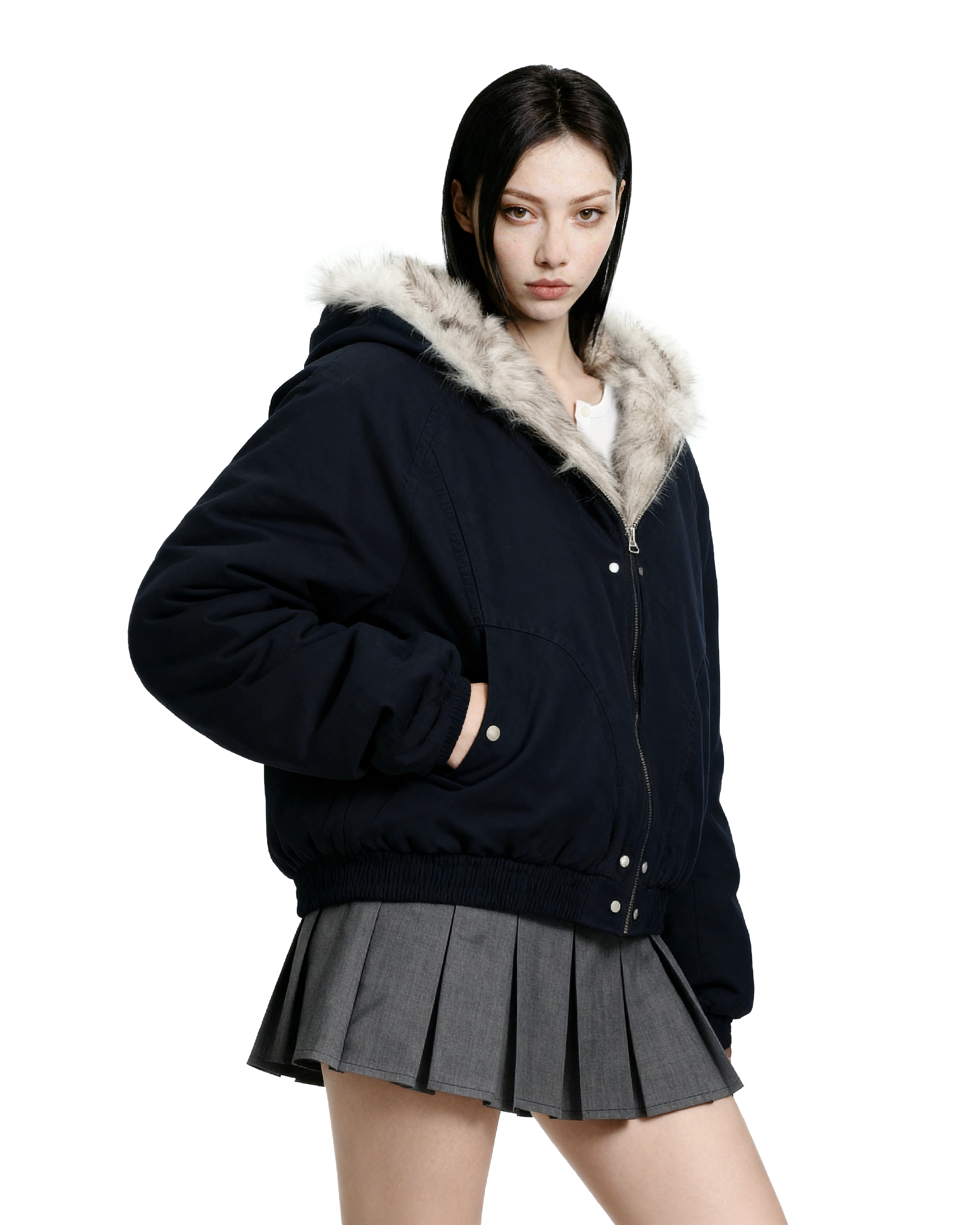 Oversized Faux Fur Lined Zip Jacket with Elastic Hem-3