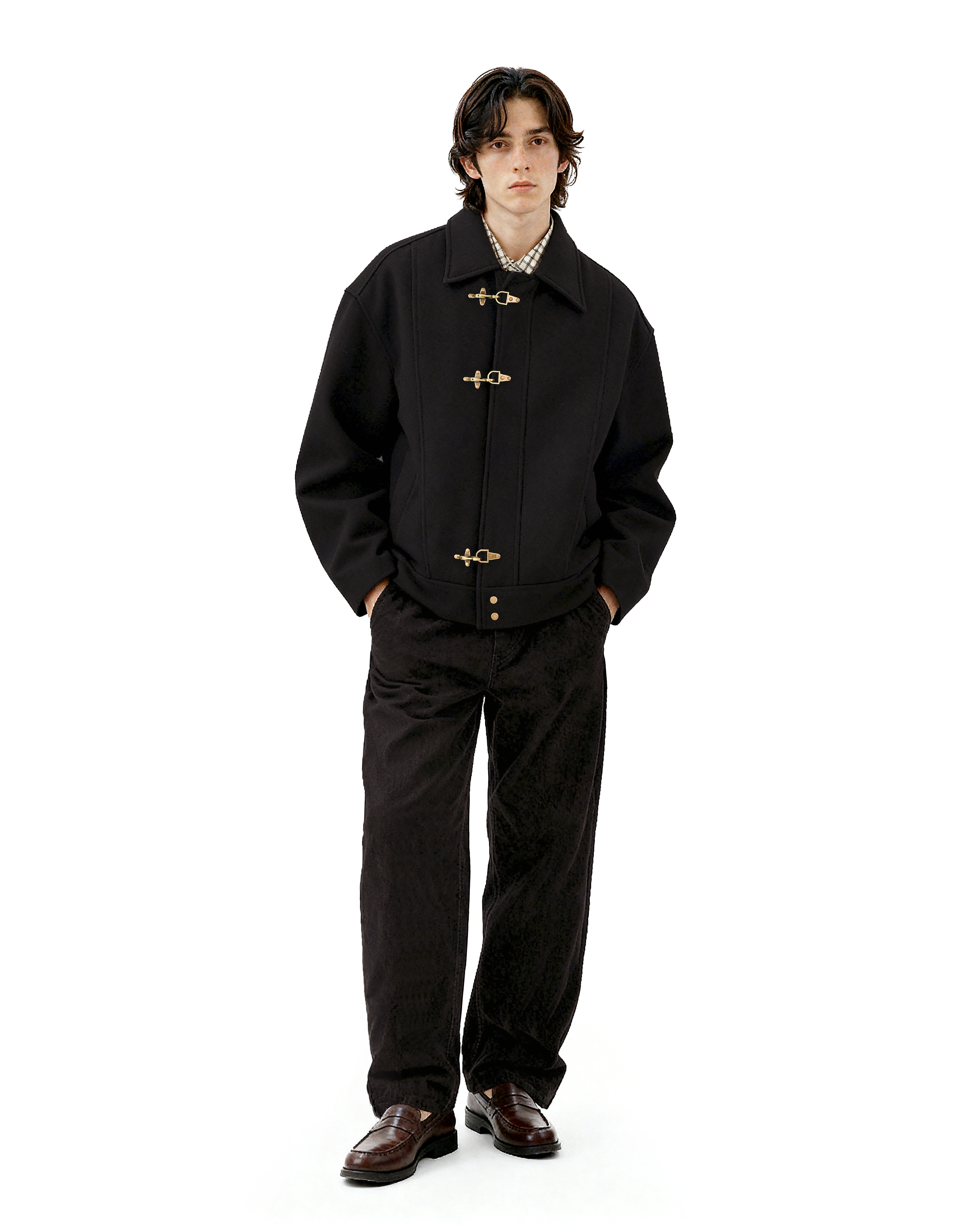 Wool-Blend Drop Shoulder Fireman Clasp Collared Jacket - nightcity clothing