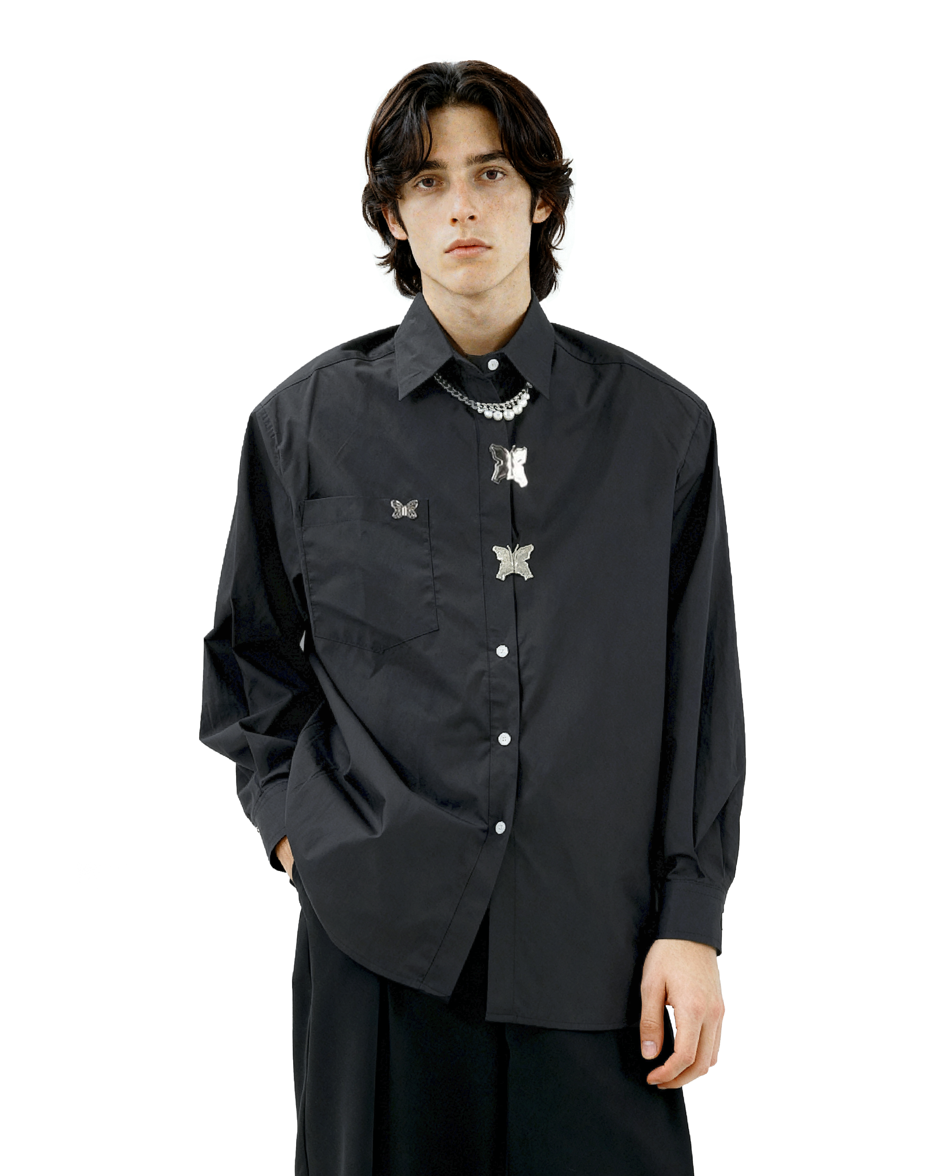 Oversized Shirt with Metallic Brooch Accents - nightcity clothing