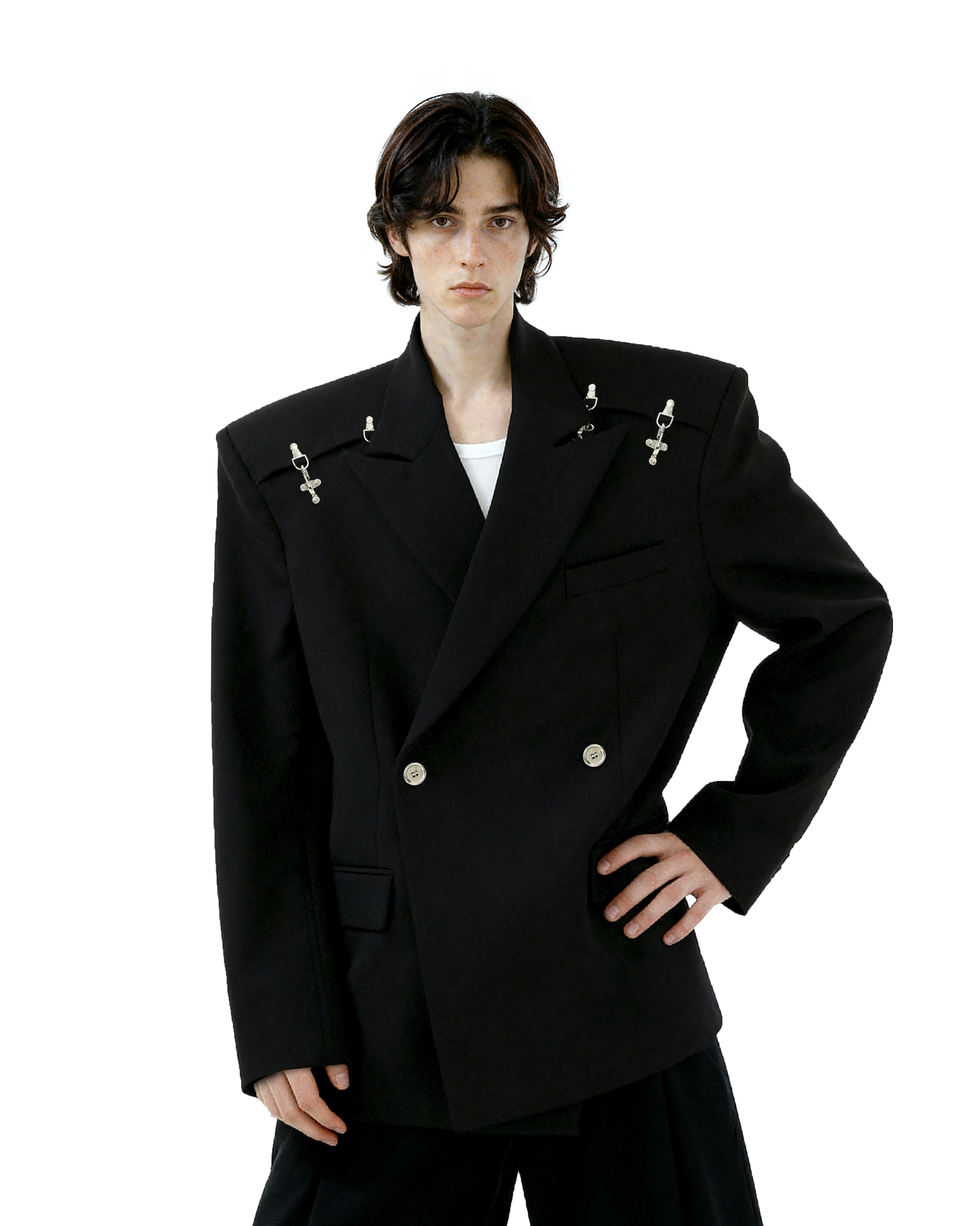 Oversized Double-Breasted Blazer with Peak Lapels and Silver Accents-3
