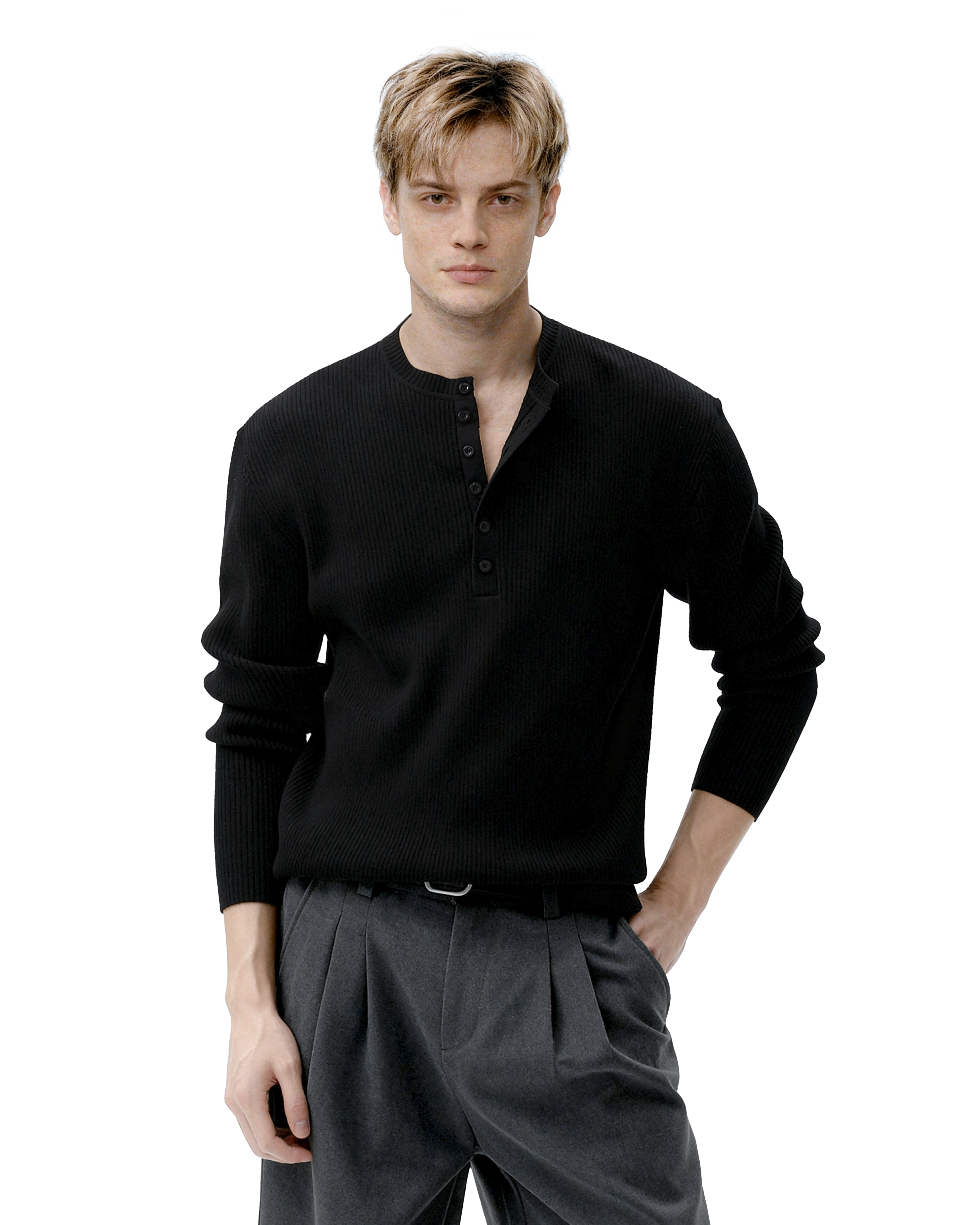 Ribbed Knit Henley Sweatshirt with Button Neckline - nightcity clothing