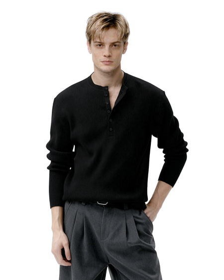 Ribbed Knit Henley Sweatshirt with Button Neckline - nightcity clothing