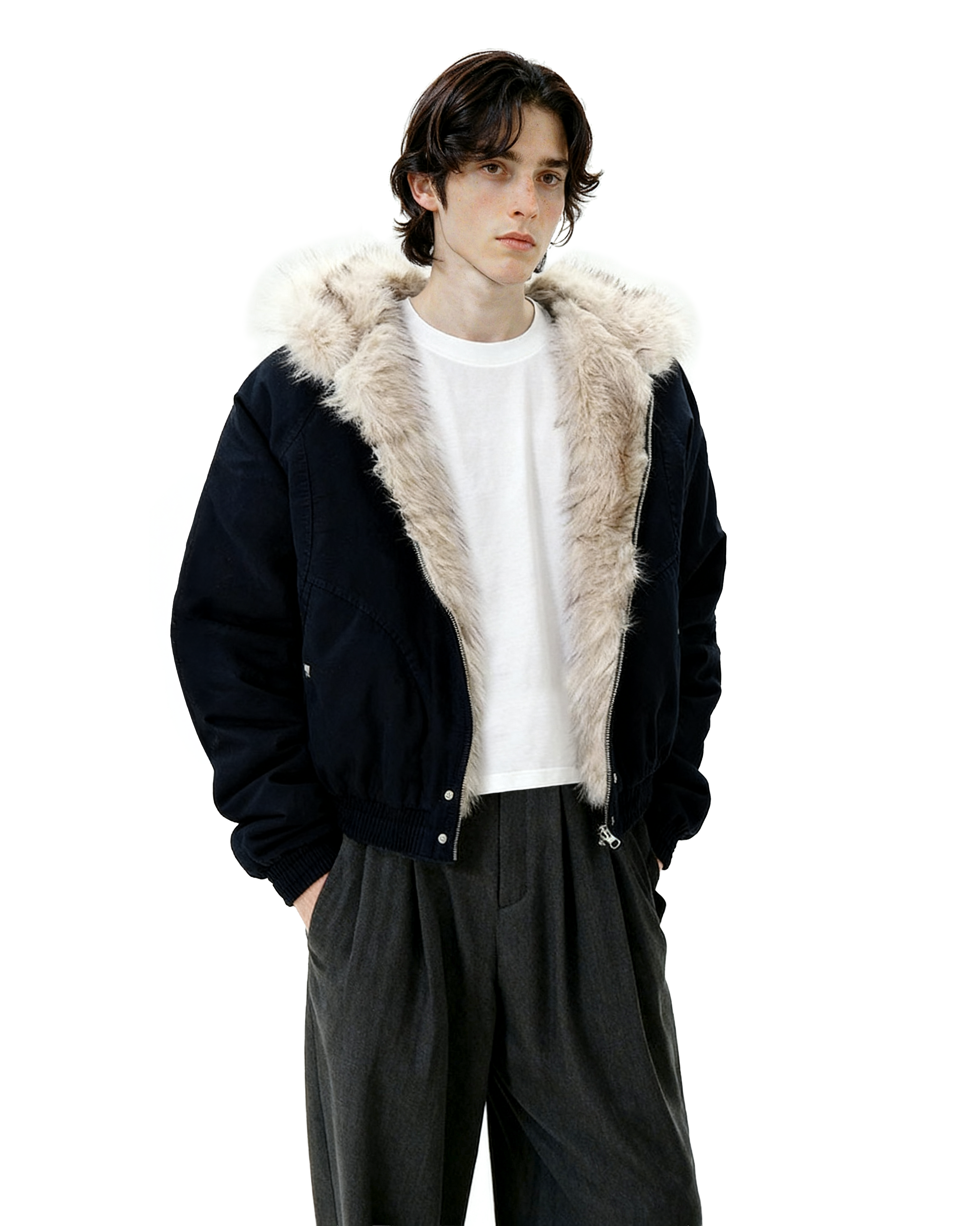 Oversized Faux Fur Collar Hooded Bomber Jacket - nightcity clothing