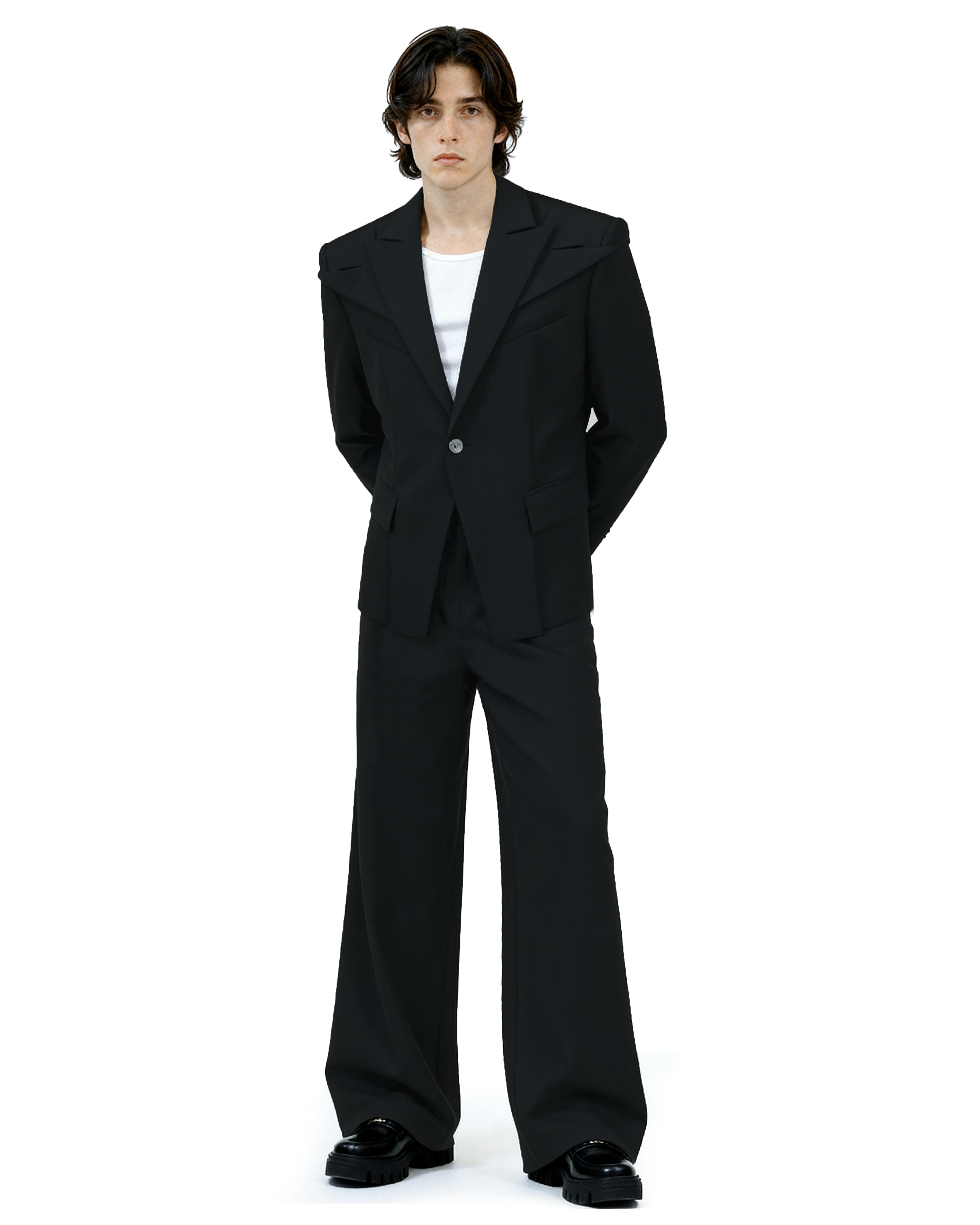 Structured Blazer with Extended Shoulder Lapels and Wide Leg Pants-8