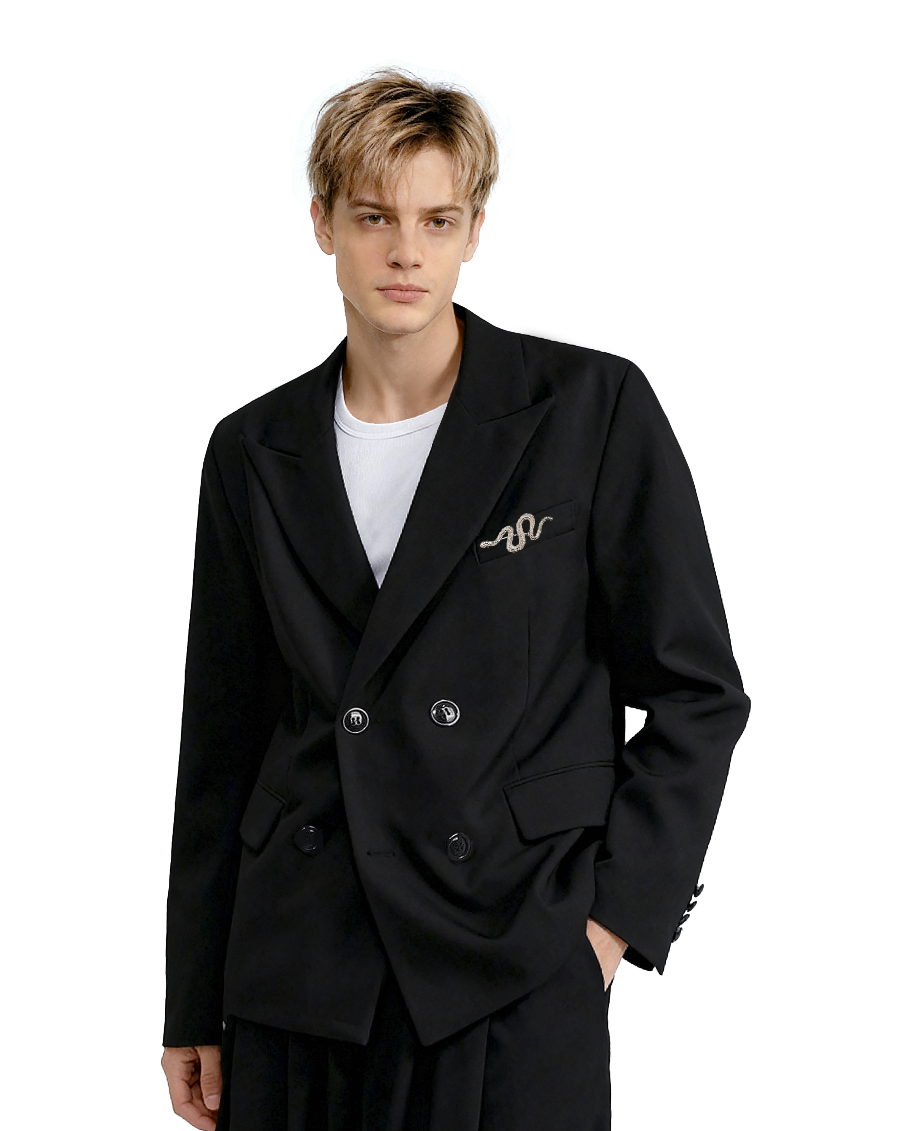 Oversized Snake-Brooch Wide Lapel Blazer and Pleated Pants Two-Piece Set-3