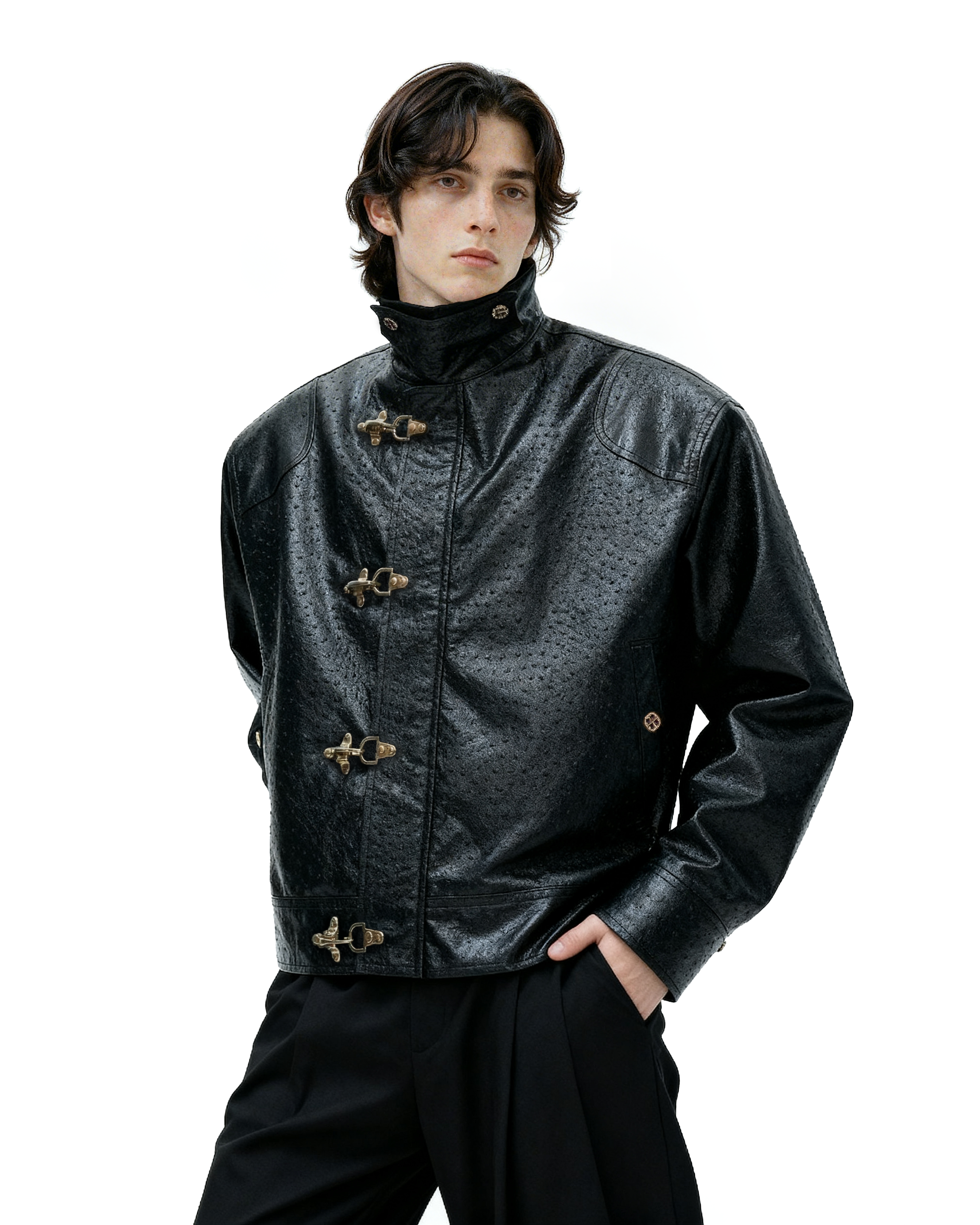 Faux Leather Textured Fireman-Clasp Boxy Jacket - nightcity clothing