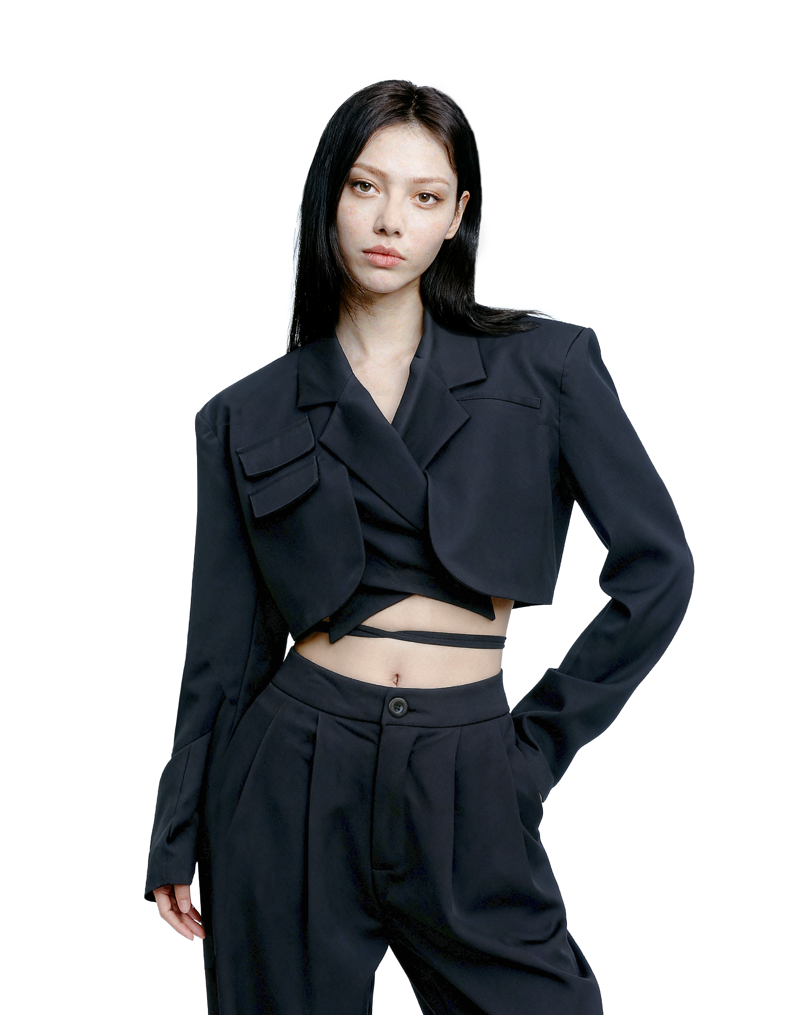 Slim Cropped Blazer with Rounded Hem Two-Piece Suit Set