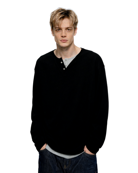 Oversized Mock-Layered Ribbed Knit Henley Top