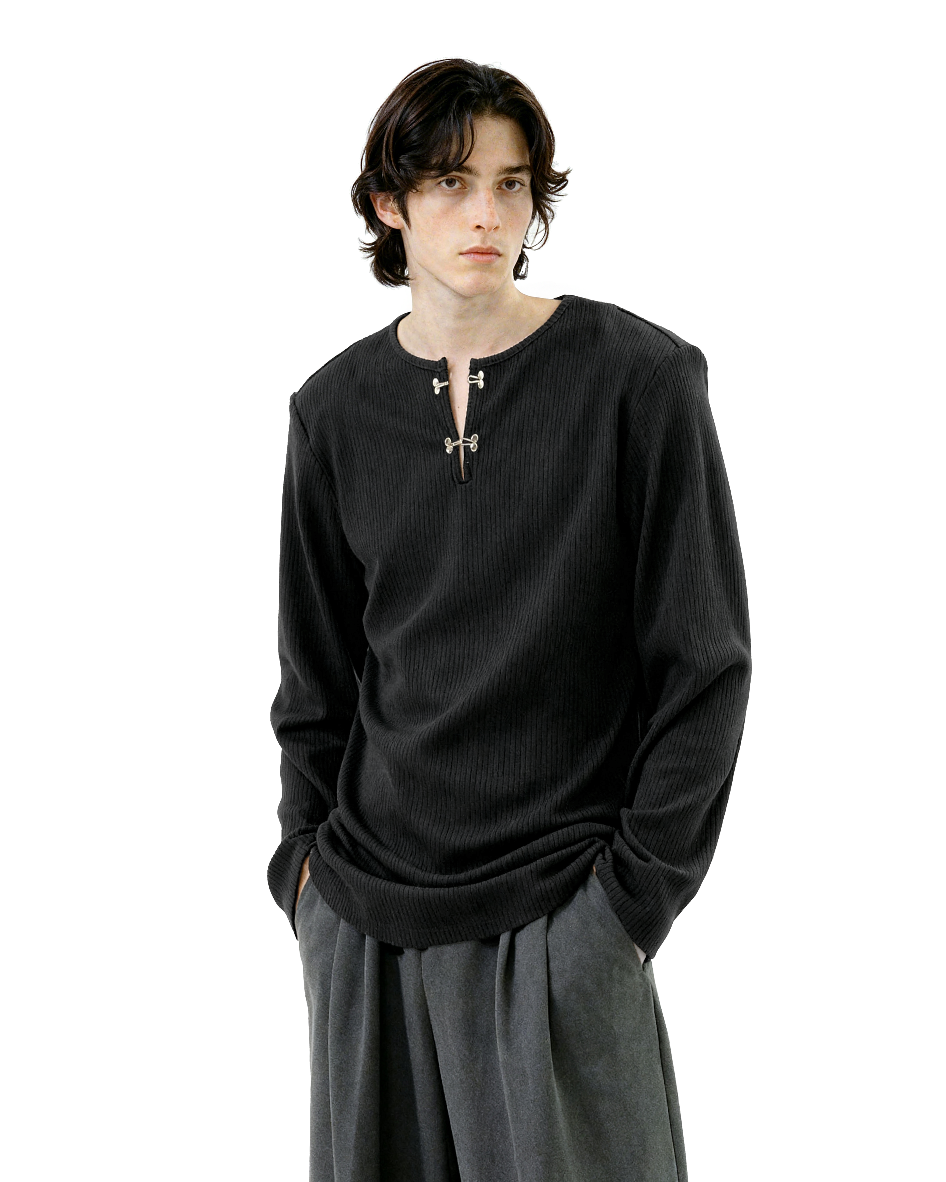 Ribbed Metal-Clasp Hook Henley Long Sleeve Tee - nightcity clothing
