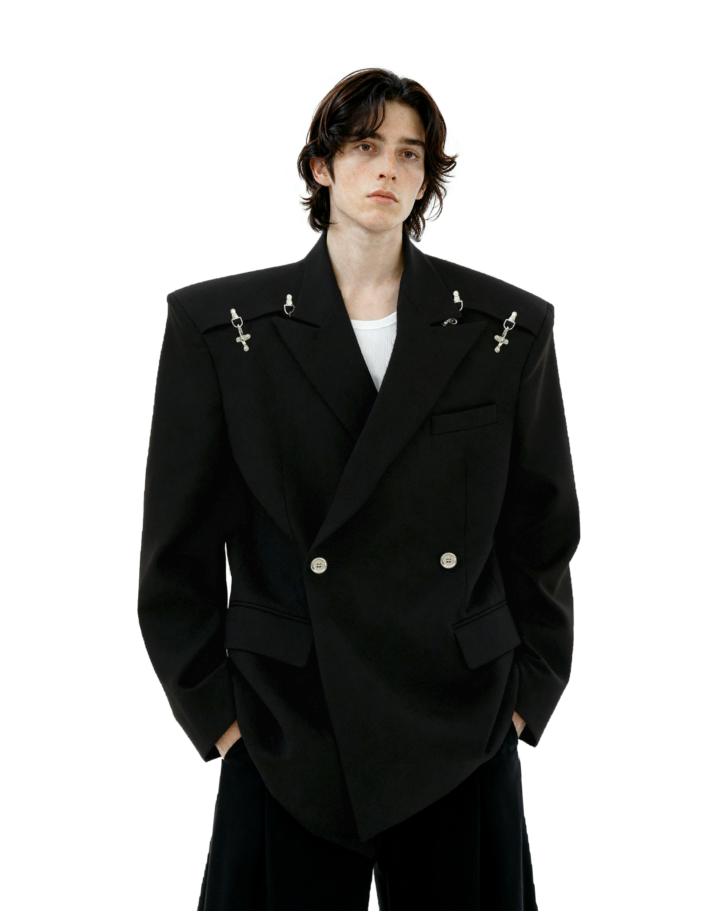 Oversized Double-Breasted Blazer with Peak Lapels and Silver Accents-4