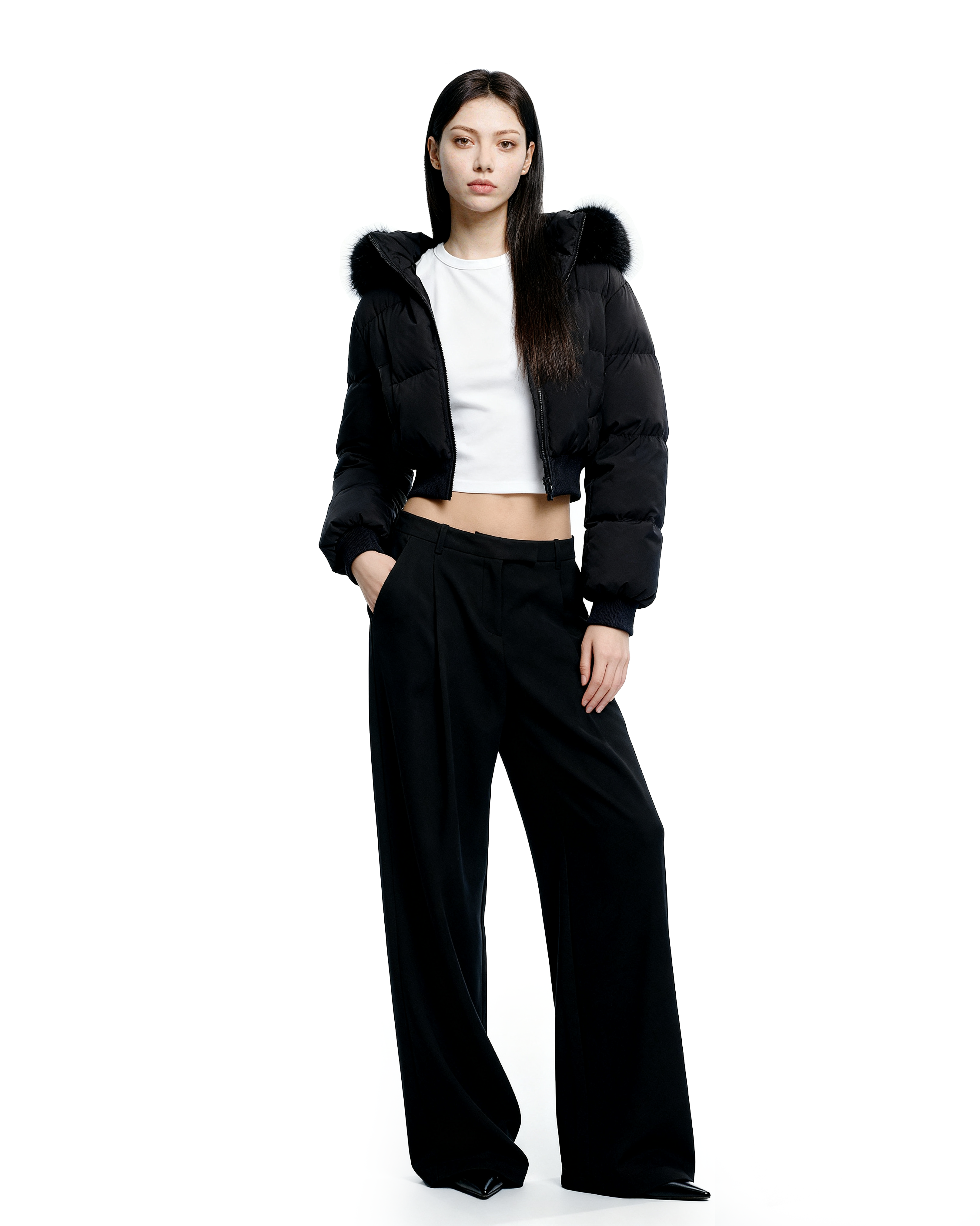 Crop Puffer Jacket with Detachable Faux Fur Hood Trim - nightcity clothing
