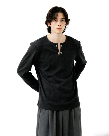 Ribbed Metal-Clasp Hook Henley Long Sleeve Tee - nightcity clothing