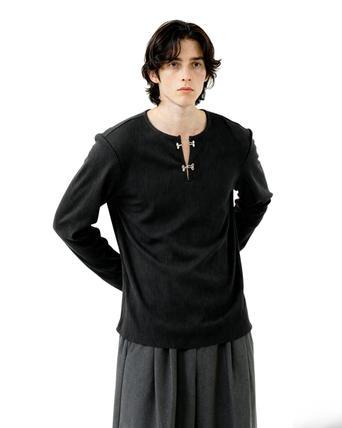 Ribbed Metal-Clasp Hook Henley Top – nightcity clothing