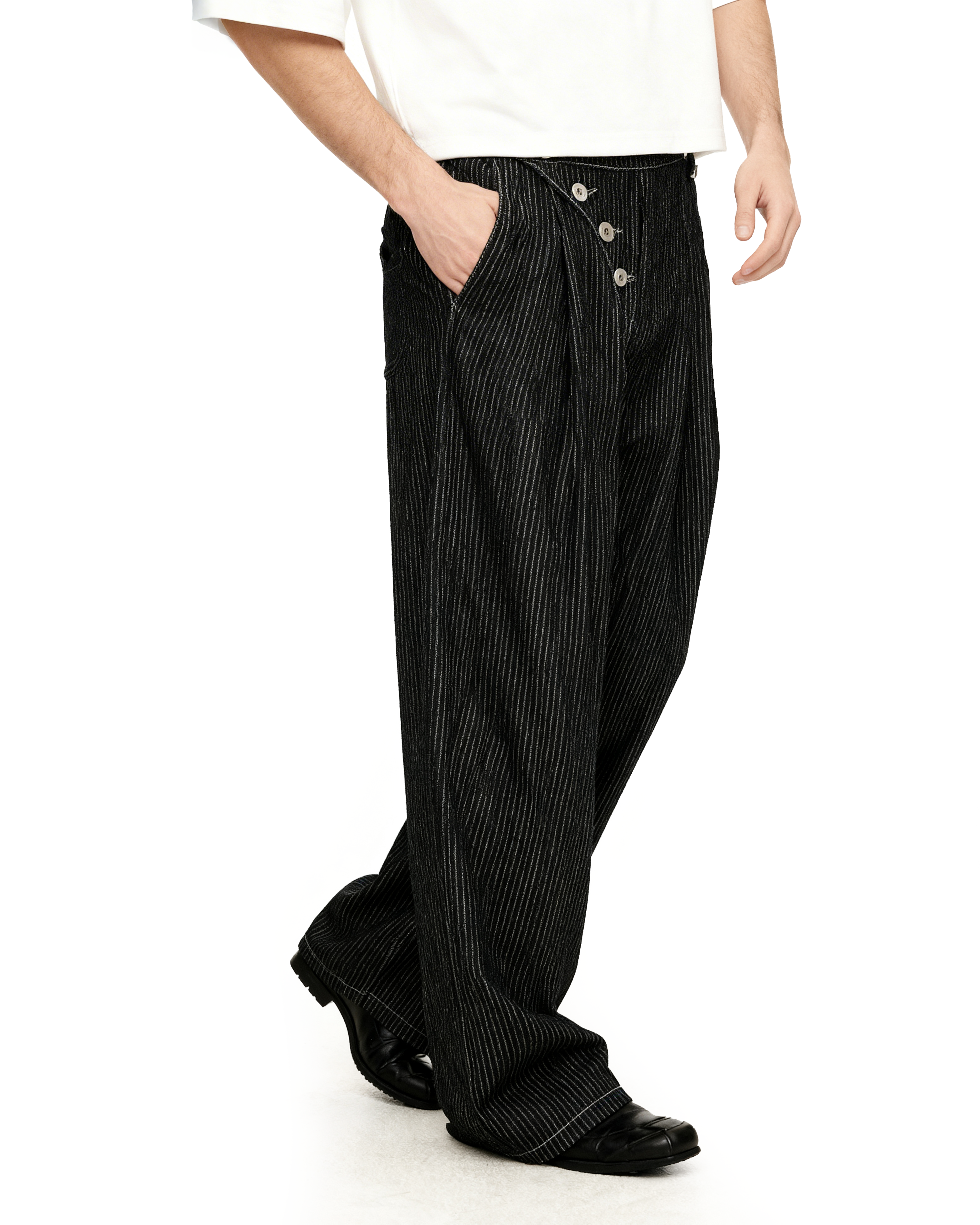 Pinstripe Pleated Wide Leg Asymmetric-Button Denim Jeans - nightcity clothing
