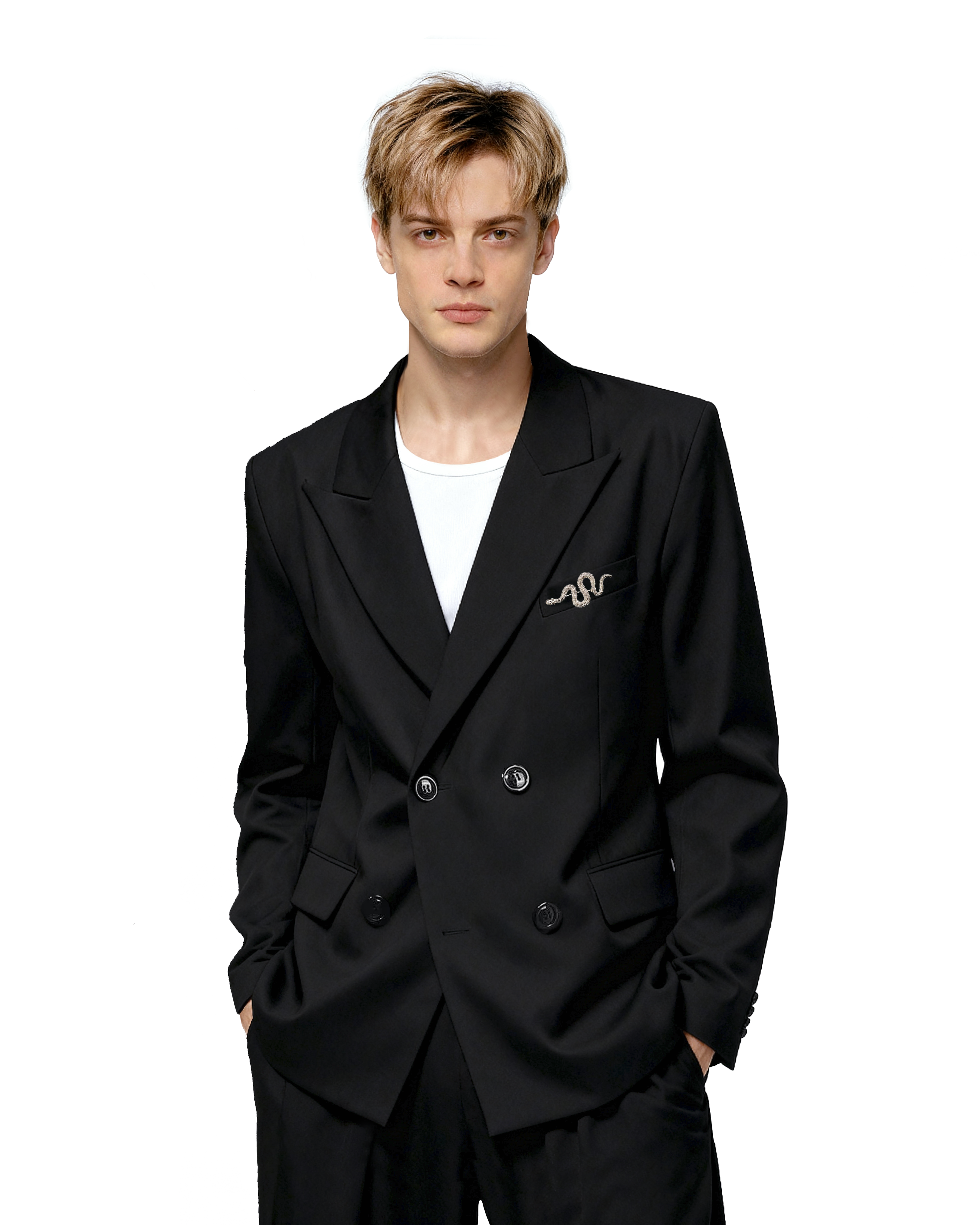Oversized Snake-Brooch Wide Lapel Blazer and Pleated Pants Two-Piece Set-2