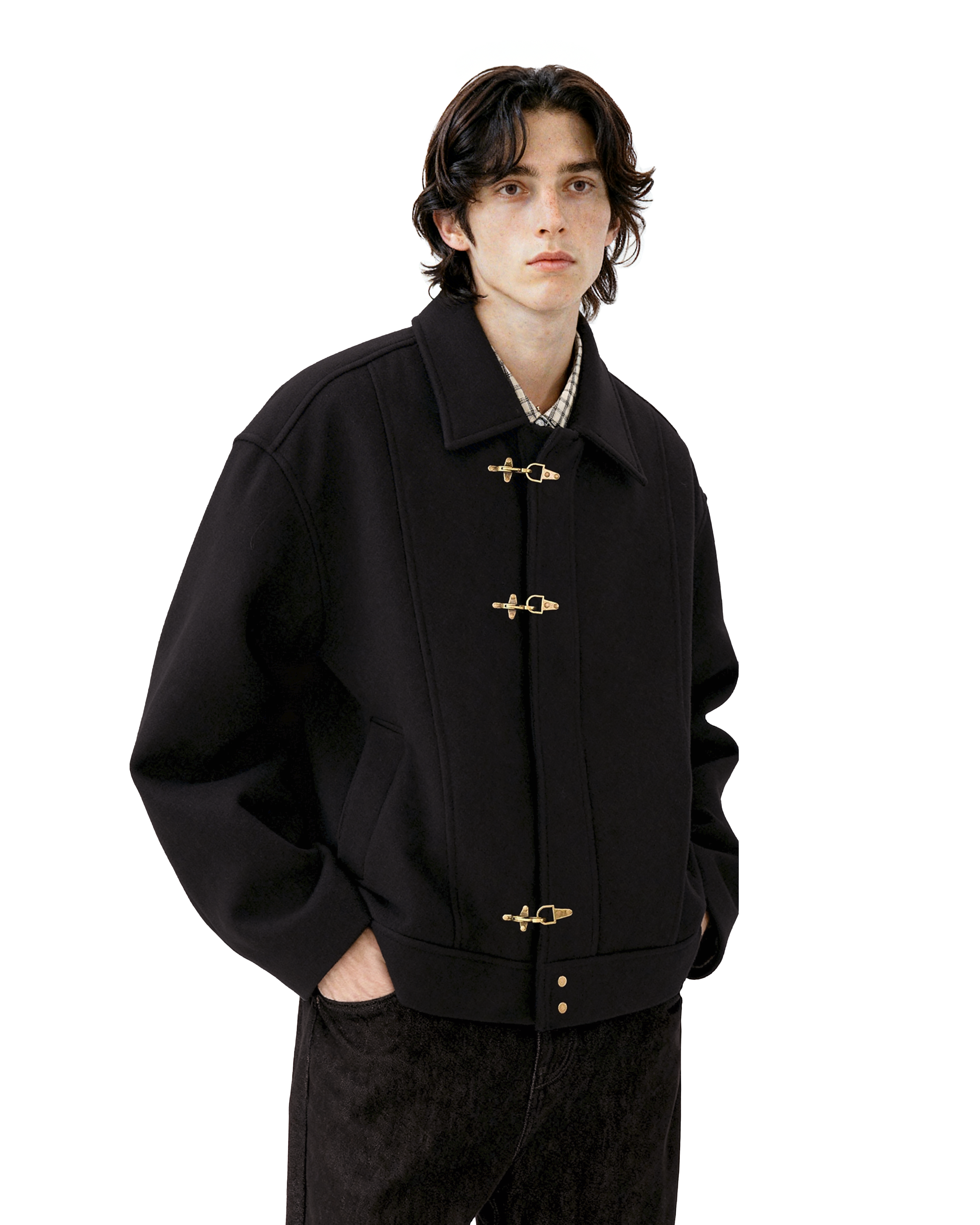 Wool-Blend Drop Shoulder Fireman Clasp Collared Jacket - nightcity clothing
