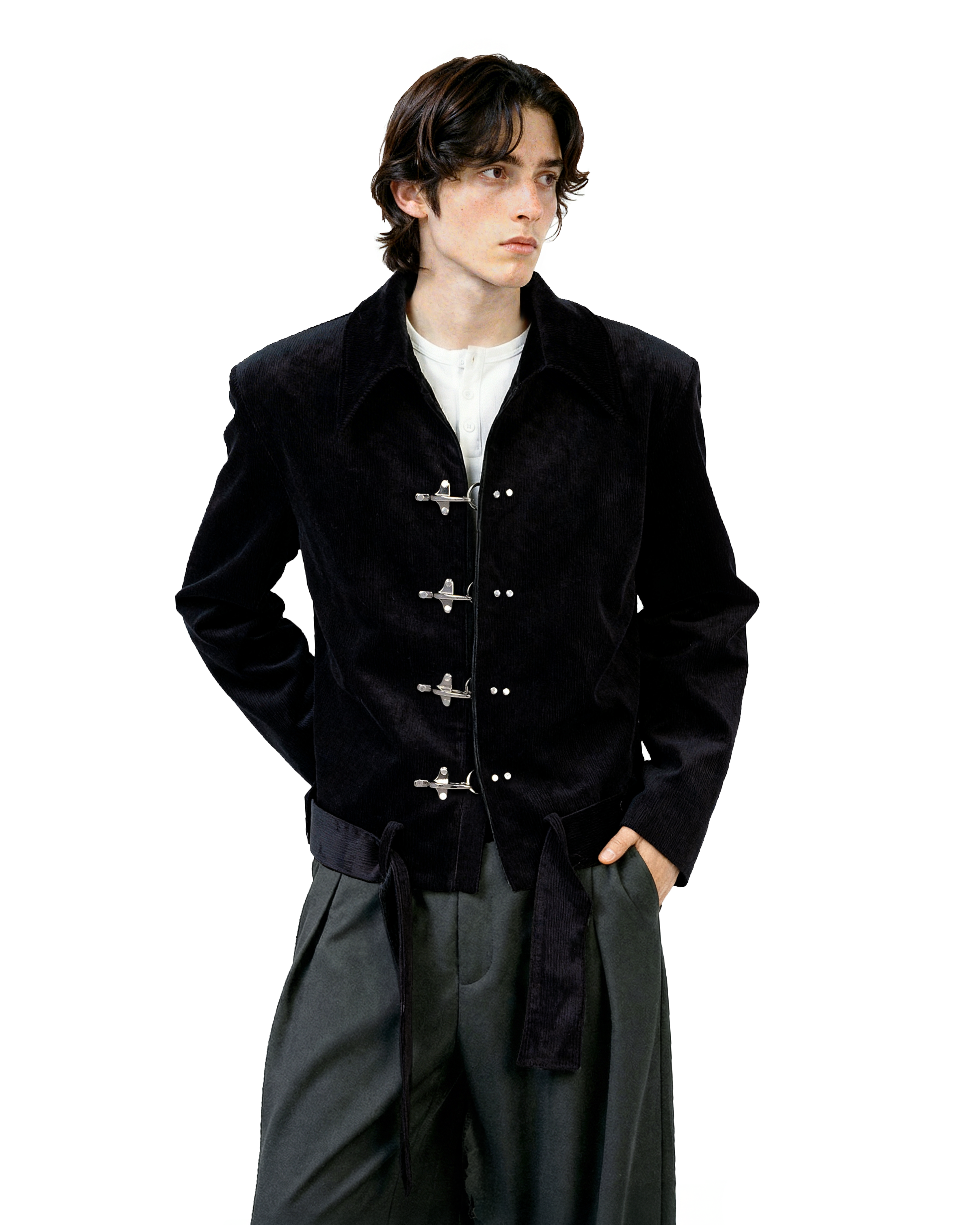 Fireman Clasp Mid-Crop Corduroy Jacket with Belted Waist - nightcity clothing