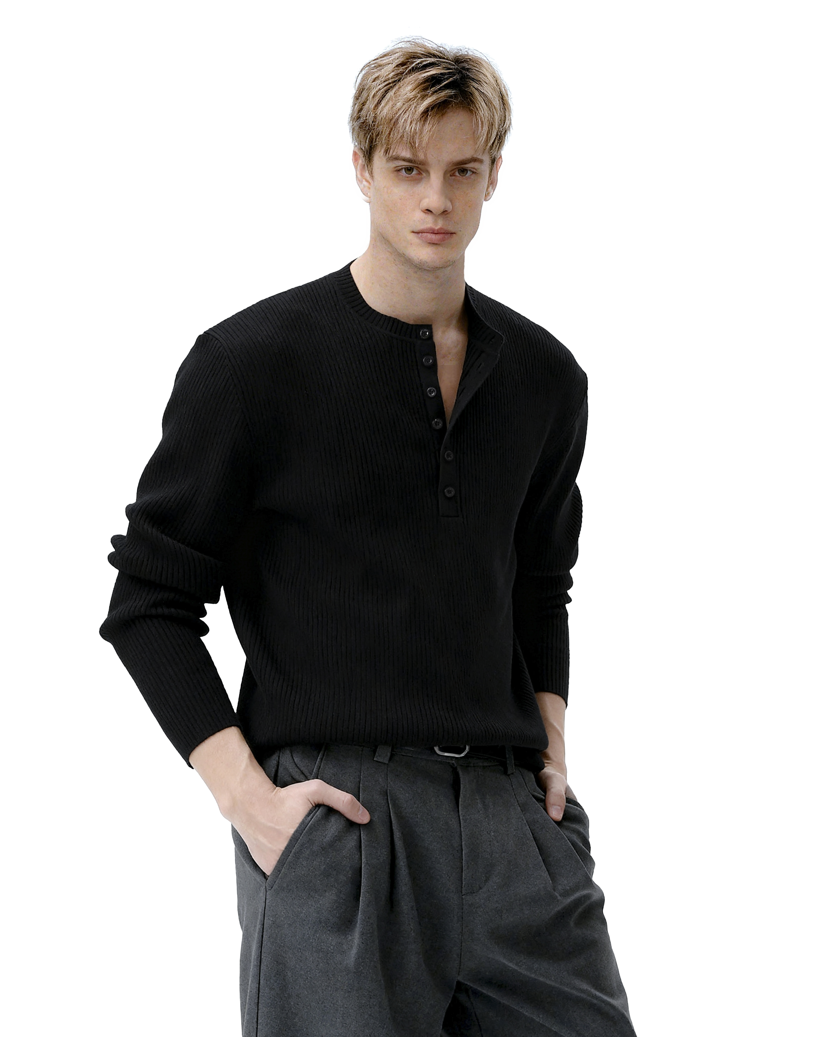 Ribbed Knit Henley Sweatshirt with Button Neckline - nightcity clothing