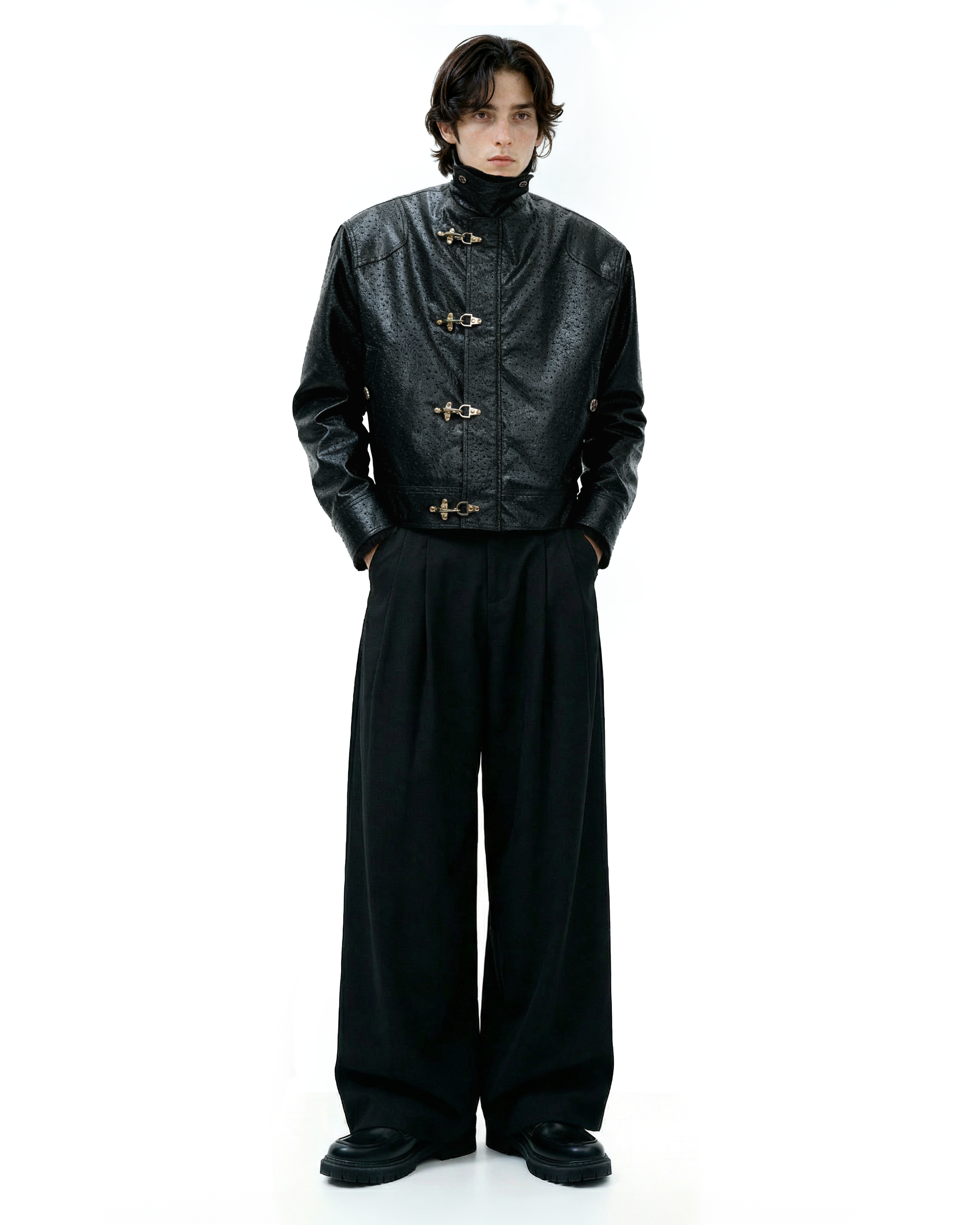 Faux Leather Textured Fireman-Clasp Boxy Jacket - nightcity clothing