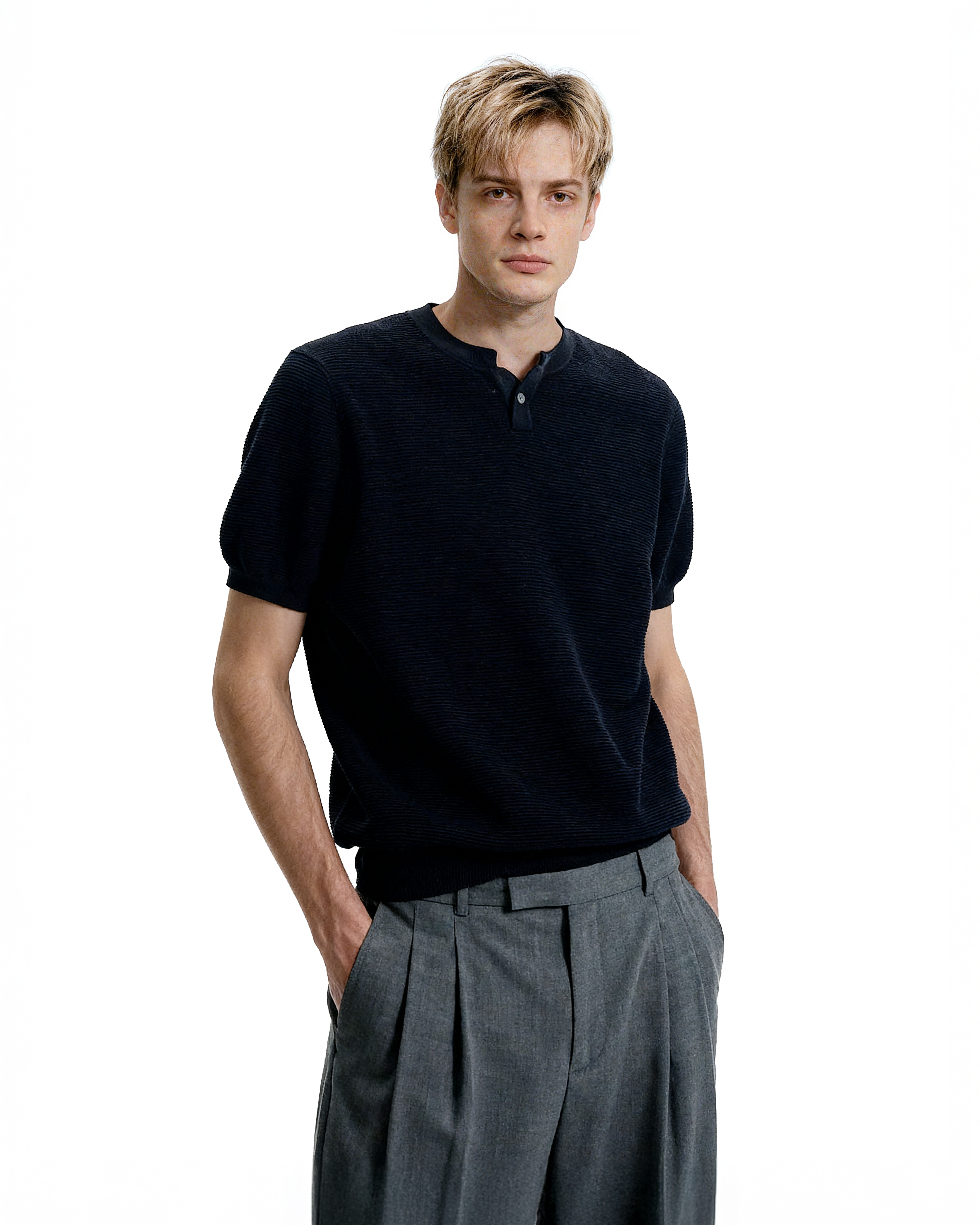 Waffle Textured Short Sleeve Henley Knit Lightweight Top - nightcity clothing