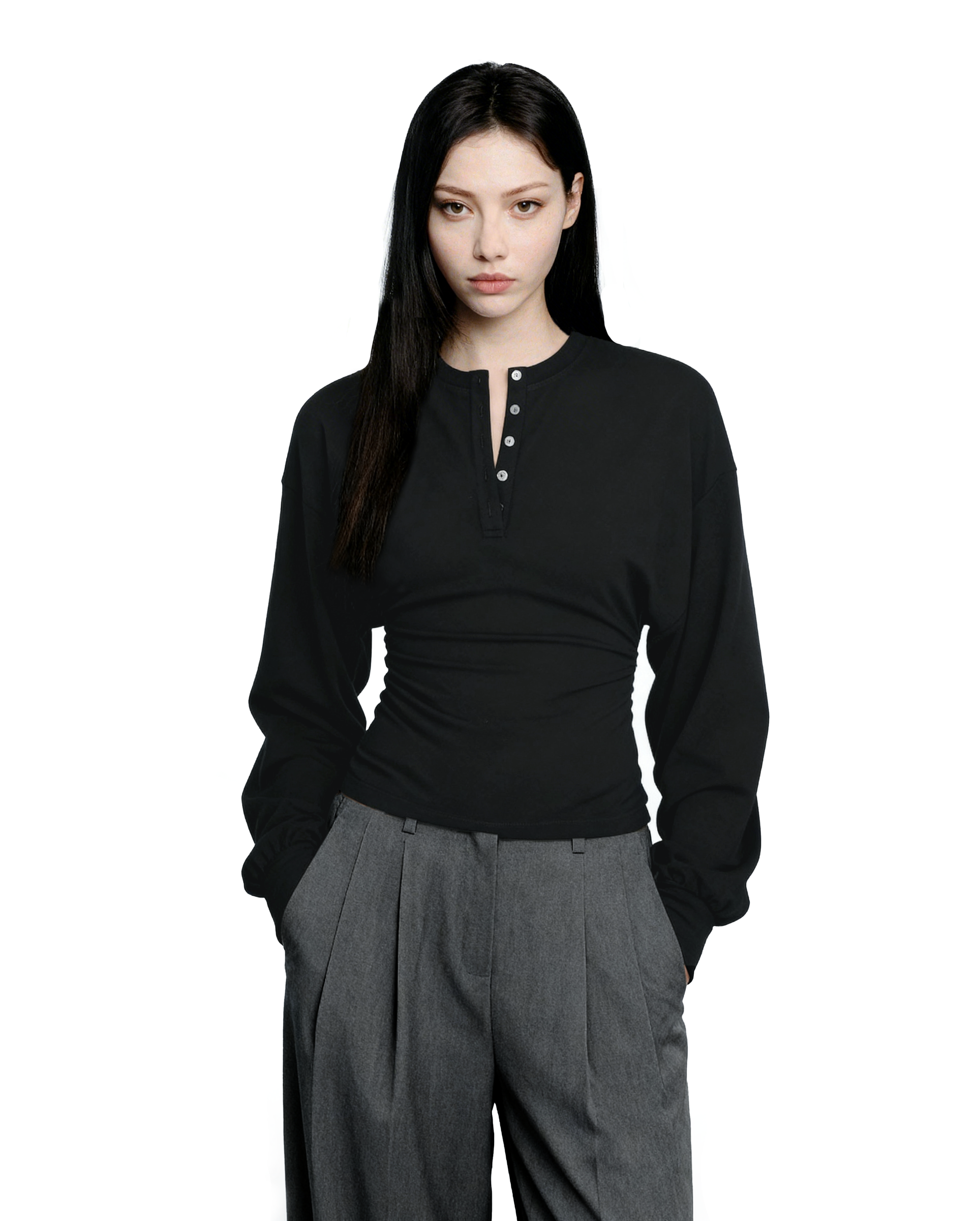 Henley Neck Cinch-Waisted T-Shirt With Balloon Sleeves