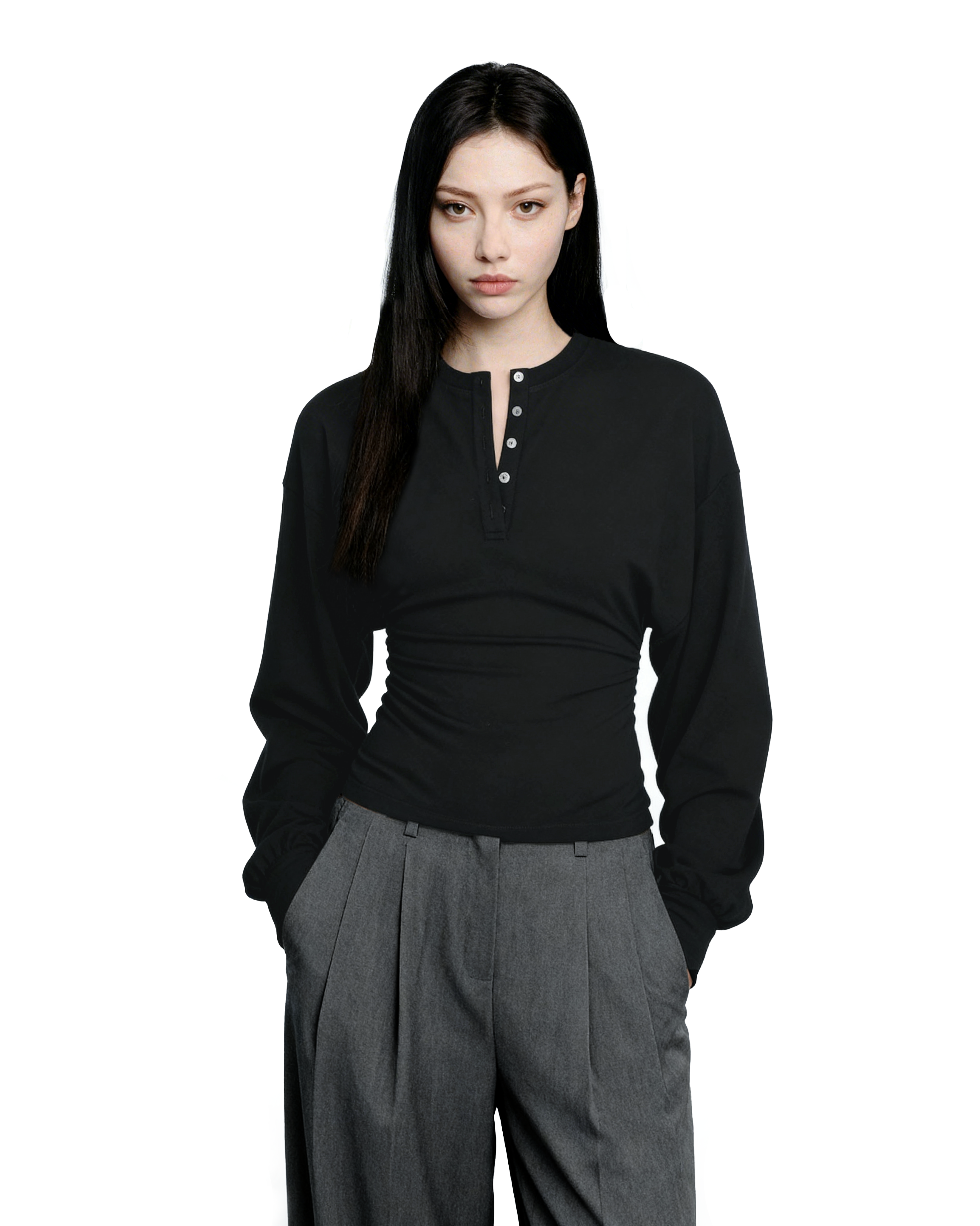Henley Neck Cinch-Waisted T-Shirt With Balloon Sleeves - nightcity clothing