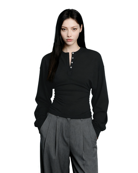 Henley Neck Cinch-Waisted T-Shirt With Balloon Sleeves - nightcity clothing