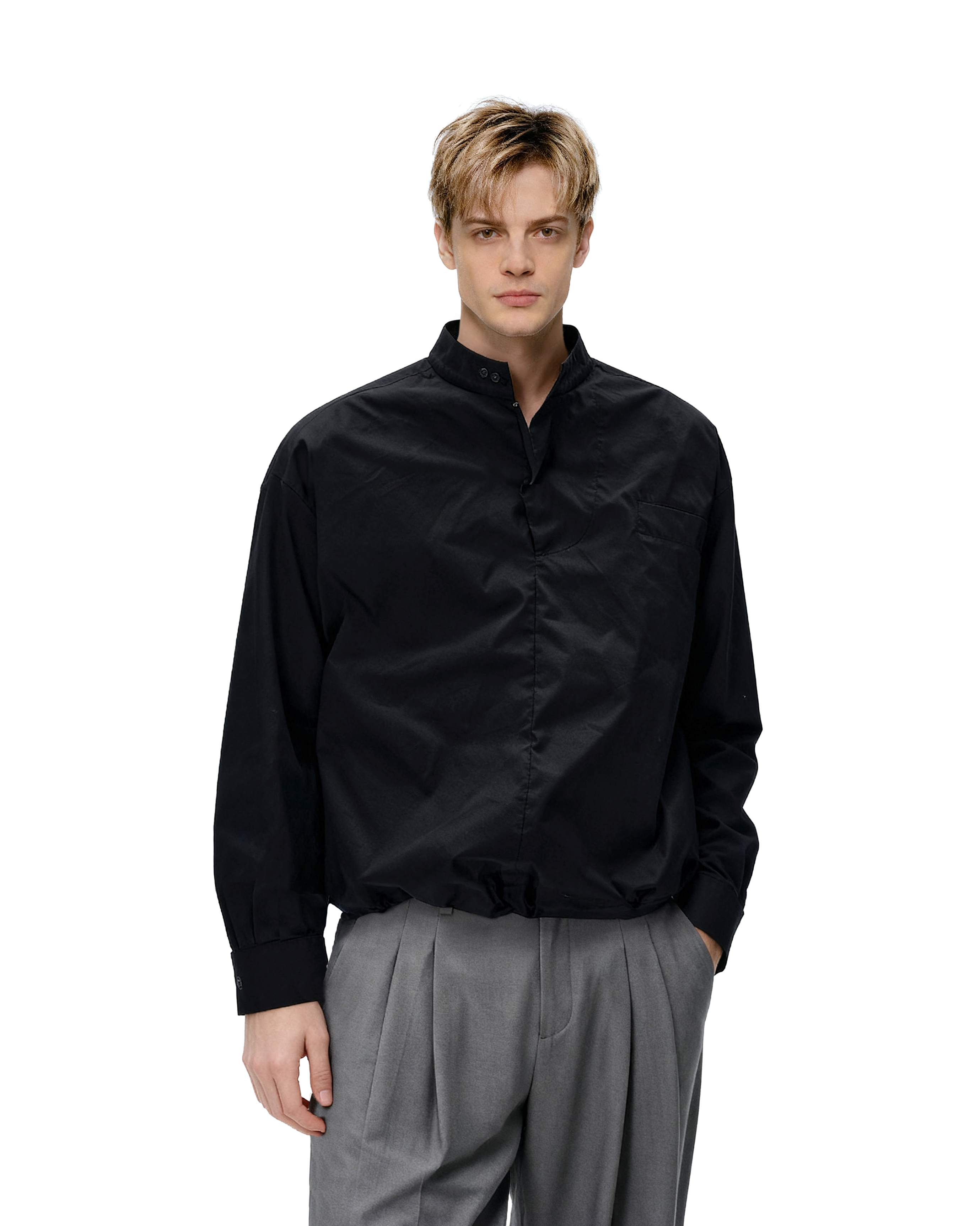 Mandarin Collar Long Sleeve Popover Quarter-Zip Shirt-7