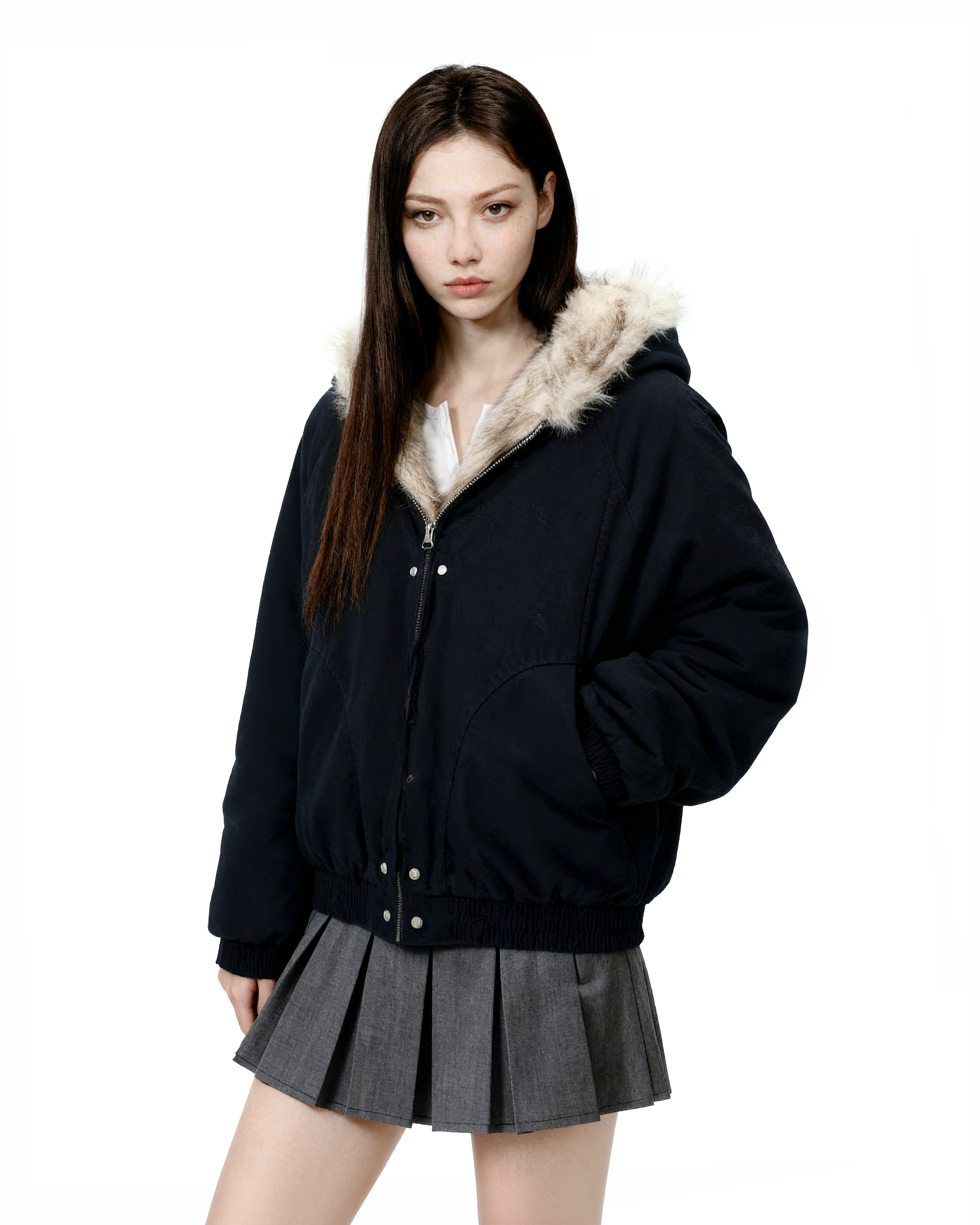 Oversized Faux Fur Lined Zip Jacket with Elastic Hem