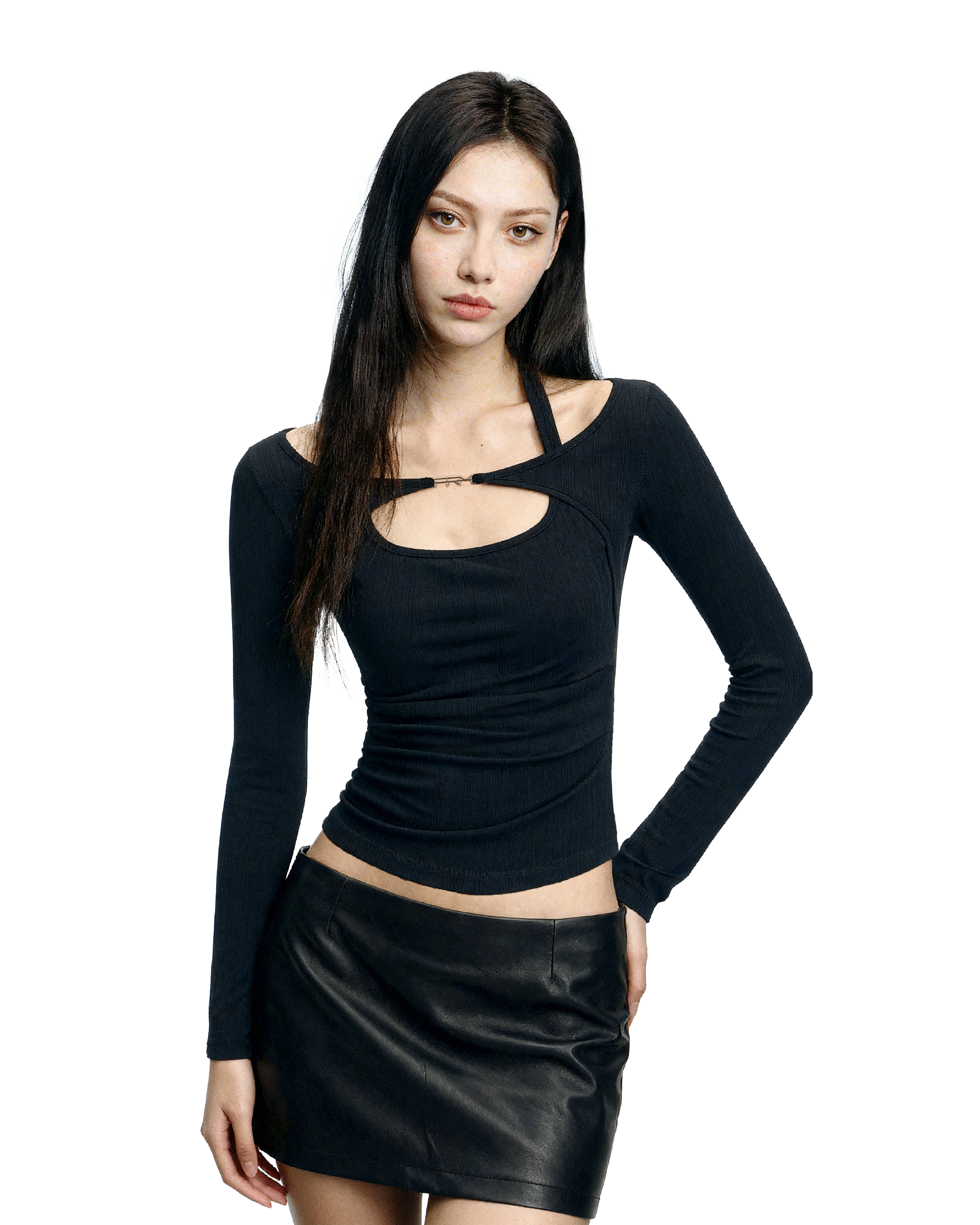 Halter Cutout-Layered Ribbed Long Sleeve Top - nightcity clothing