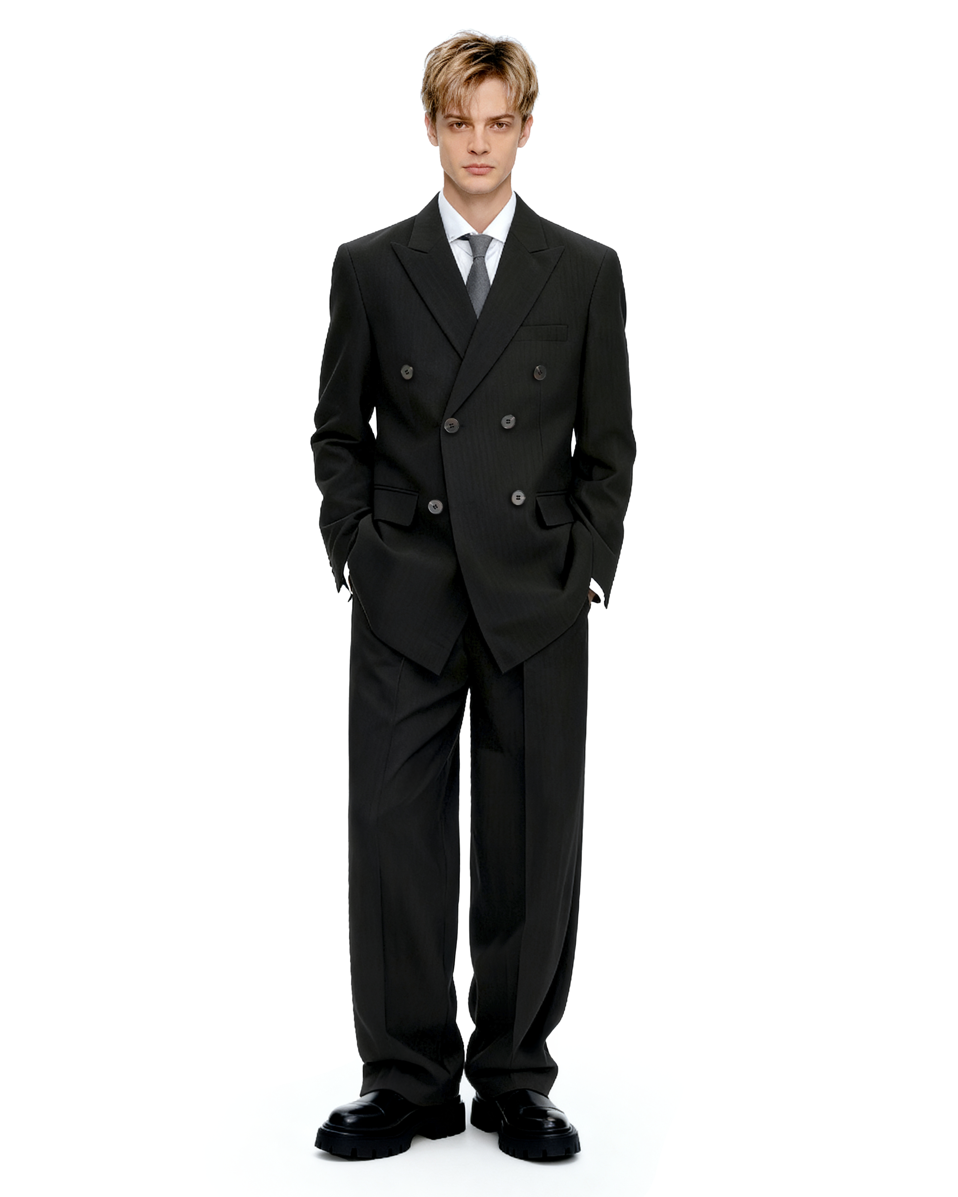Double-Breasted Oversized Textured Blazer with Peak Lapel-14