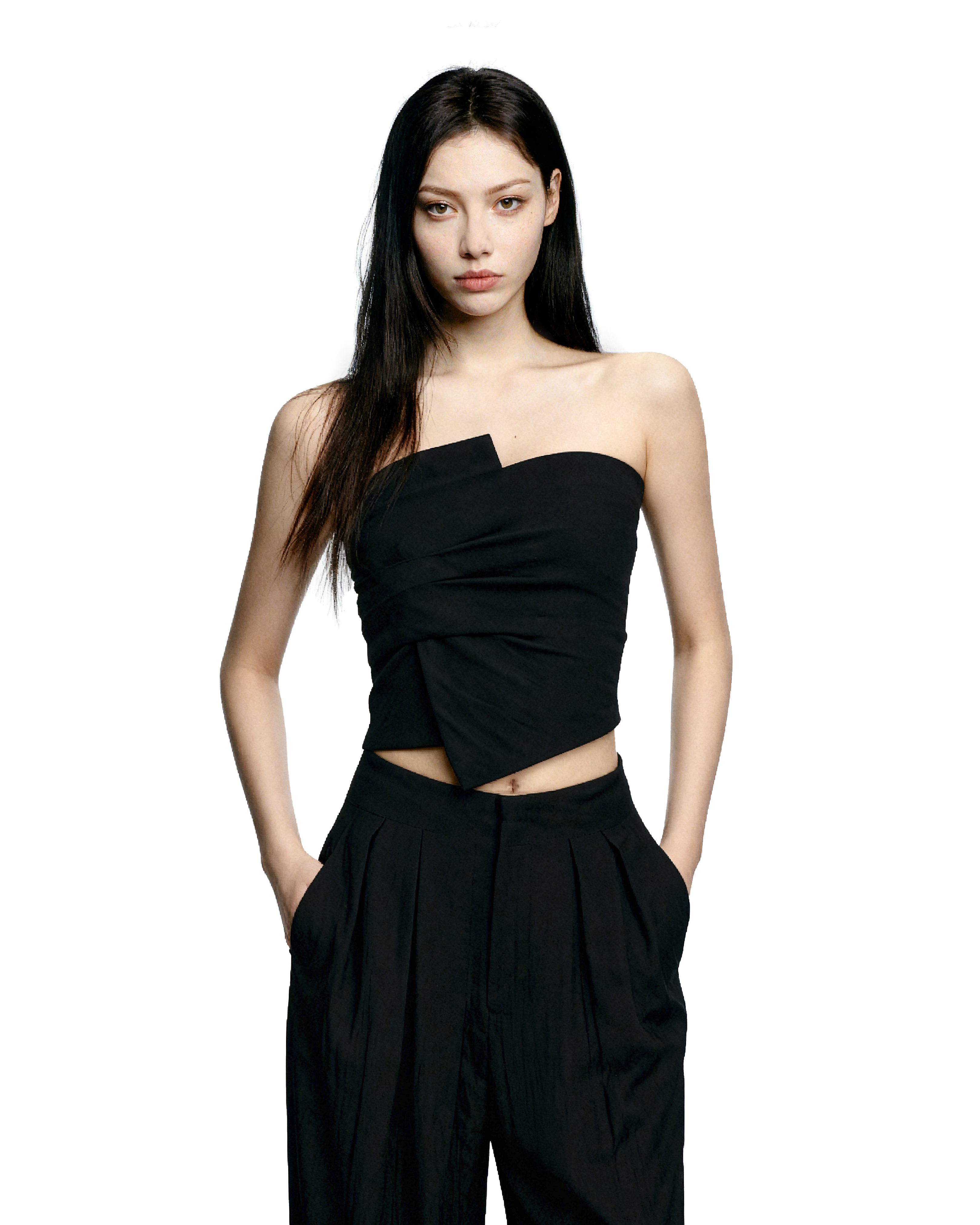 Strapless Asymmetric Top and Wide Leg Pleated Pant Two-Piece Set - nightcity clothing
