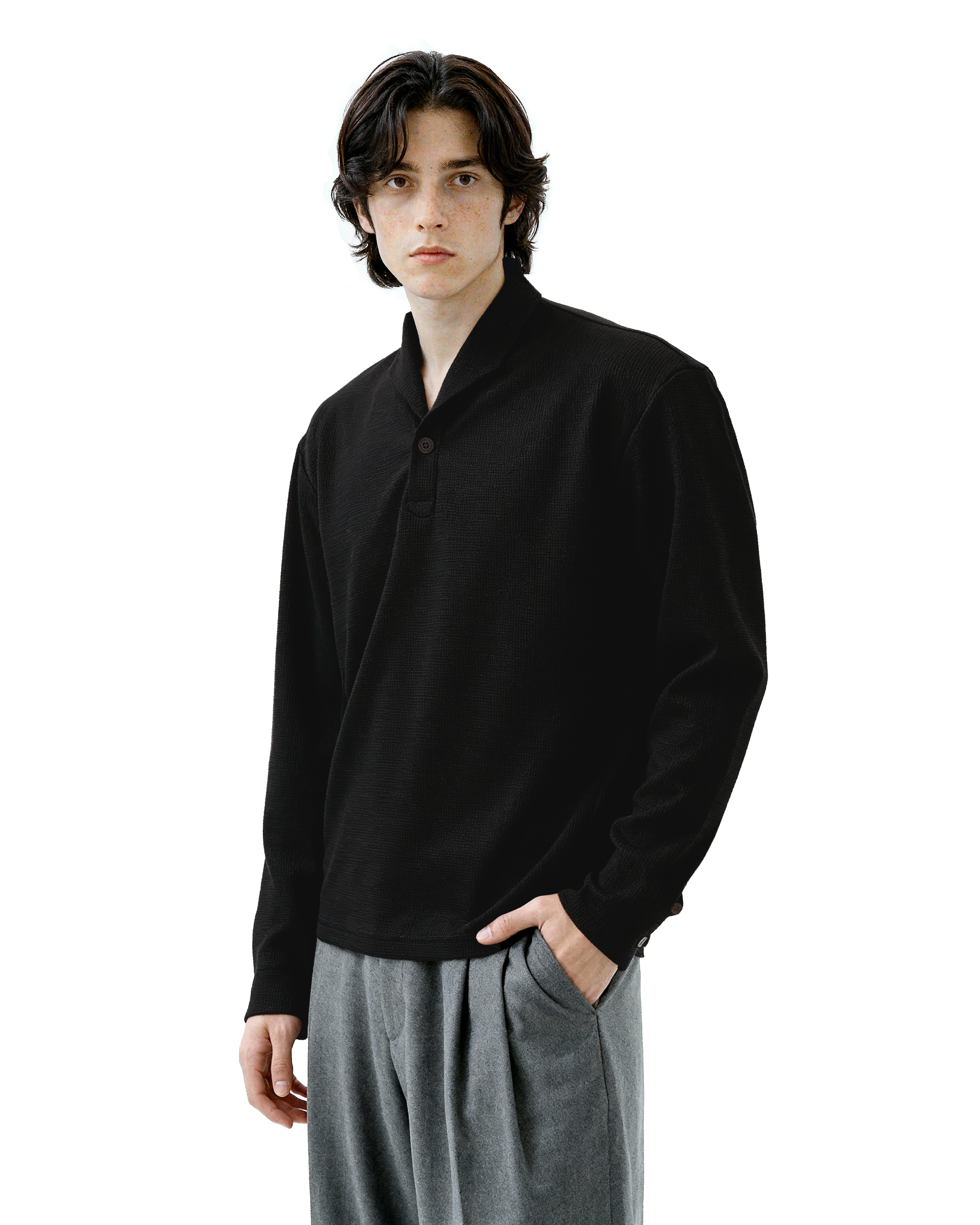 Waffle Knit Half-Button Long Sleeve Polo Top - nightcity clothing