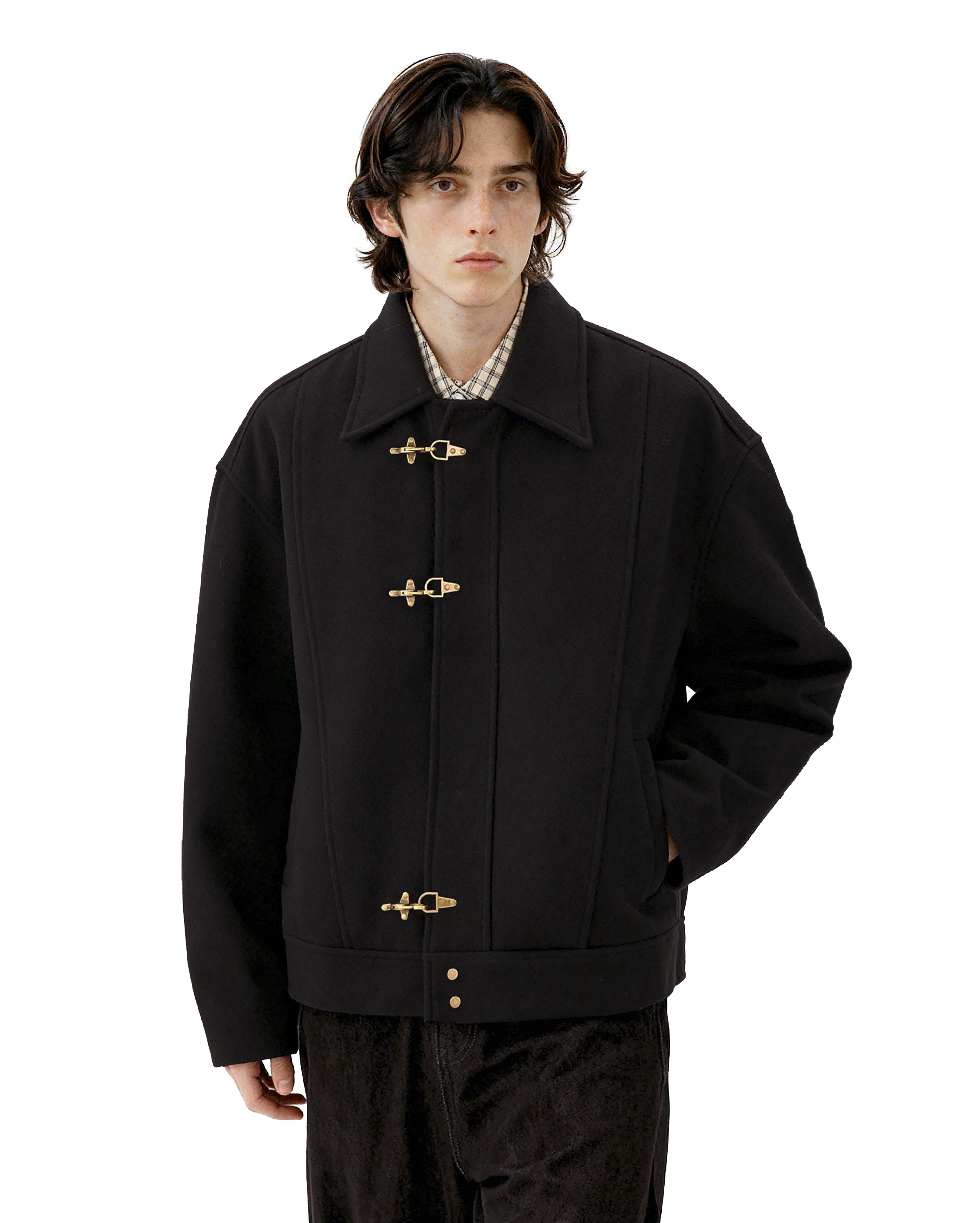 Wool-Blend Drop Shoulder Fireman Clasp Collared Jacket - nightcity clothing