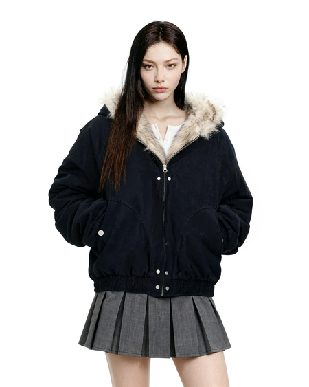 Oversized Faux Fur Lined Zip Jacket with Elastic Hem