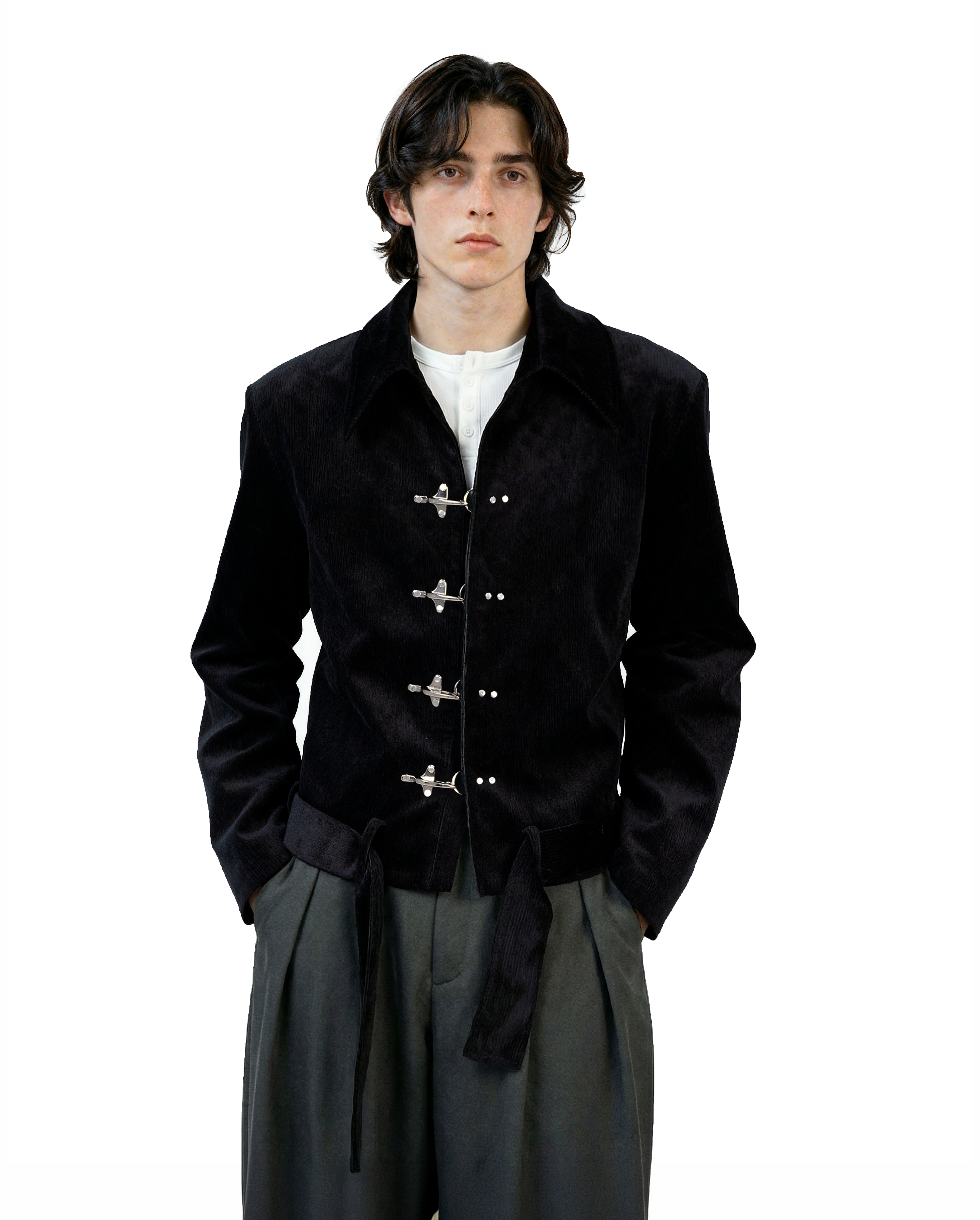 Fireman Clasp Mid-Crop Corduroy Jacket with Belted Waist - nightcity clothing