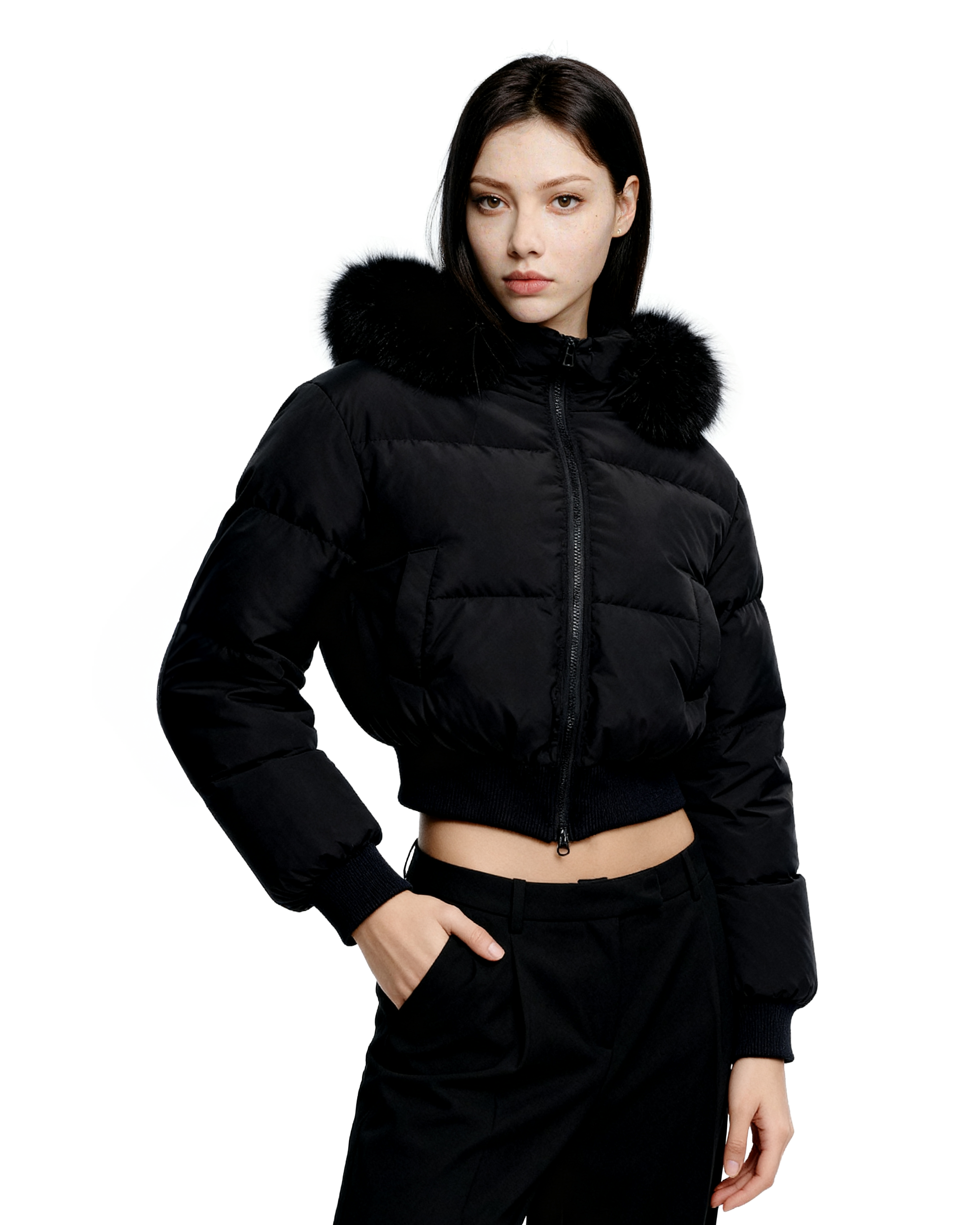 Crop Puffer Jacket with Detachable Faux Fur Hood Trim - nightcity clothing