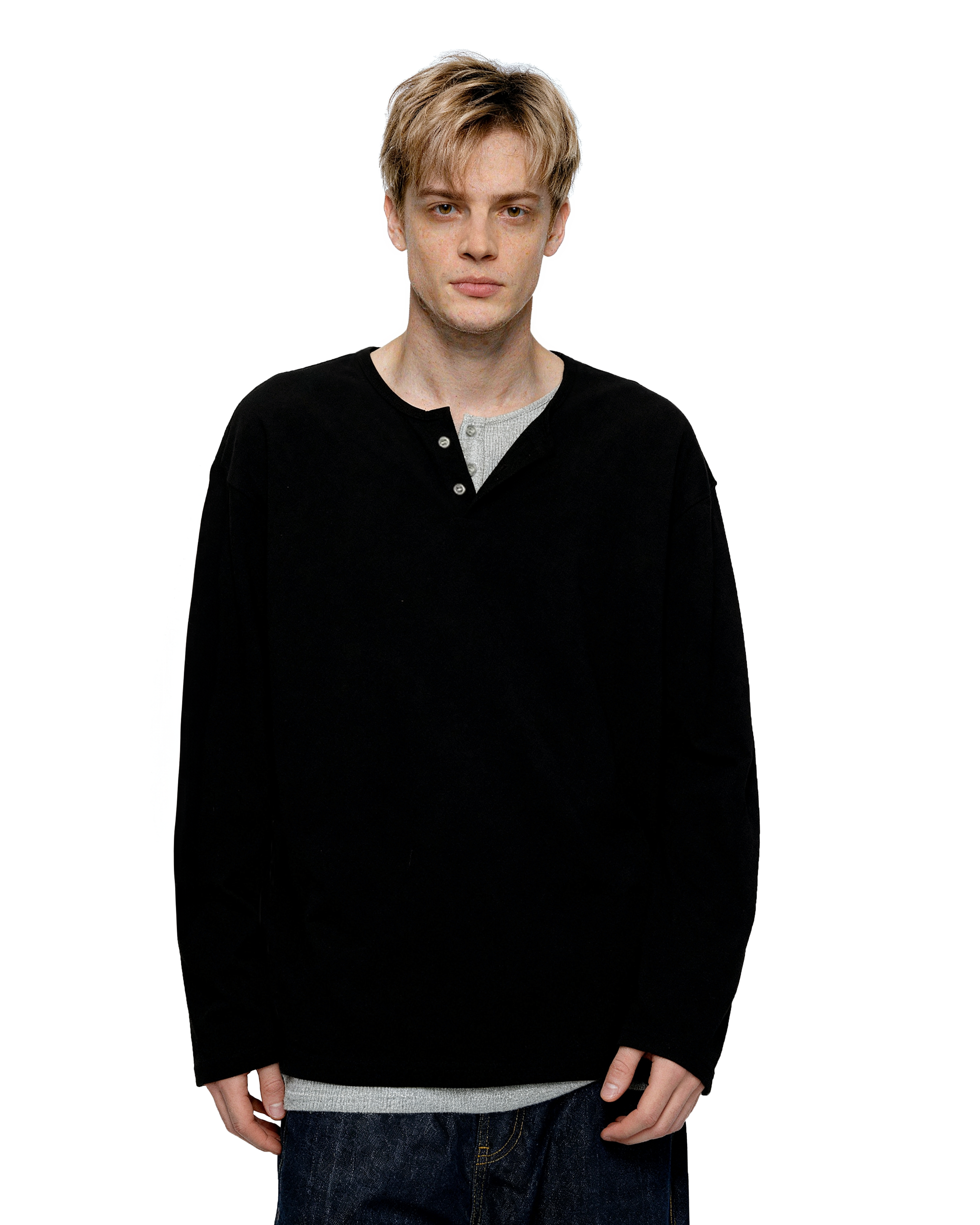 Oversized Mock-Layered Ribbed Knit Henley Top-11