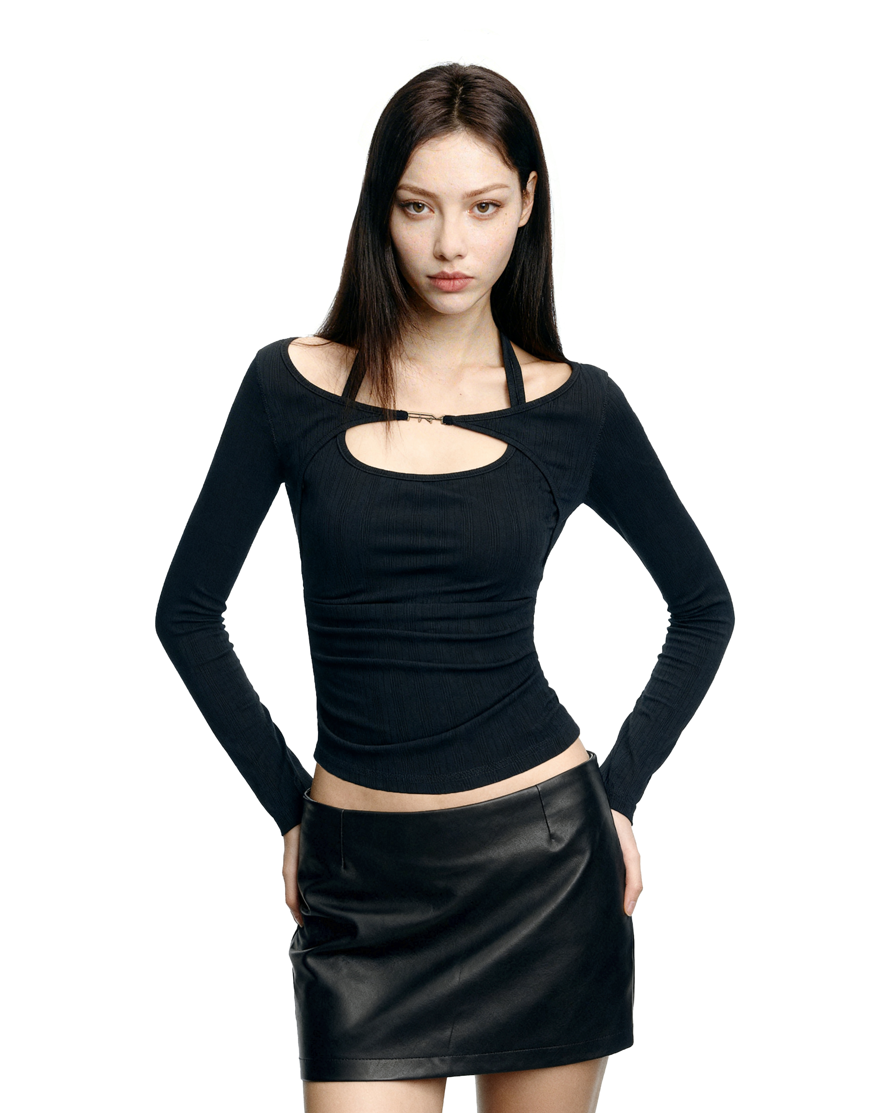Halter Cutout-Layered Ribbed Long Sleeve Top - nightcity clothing