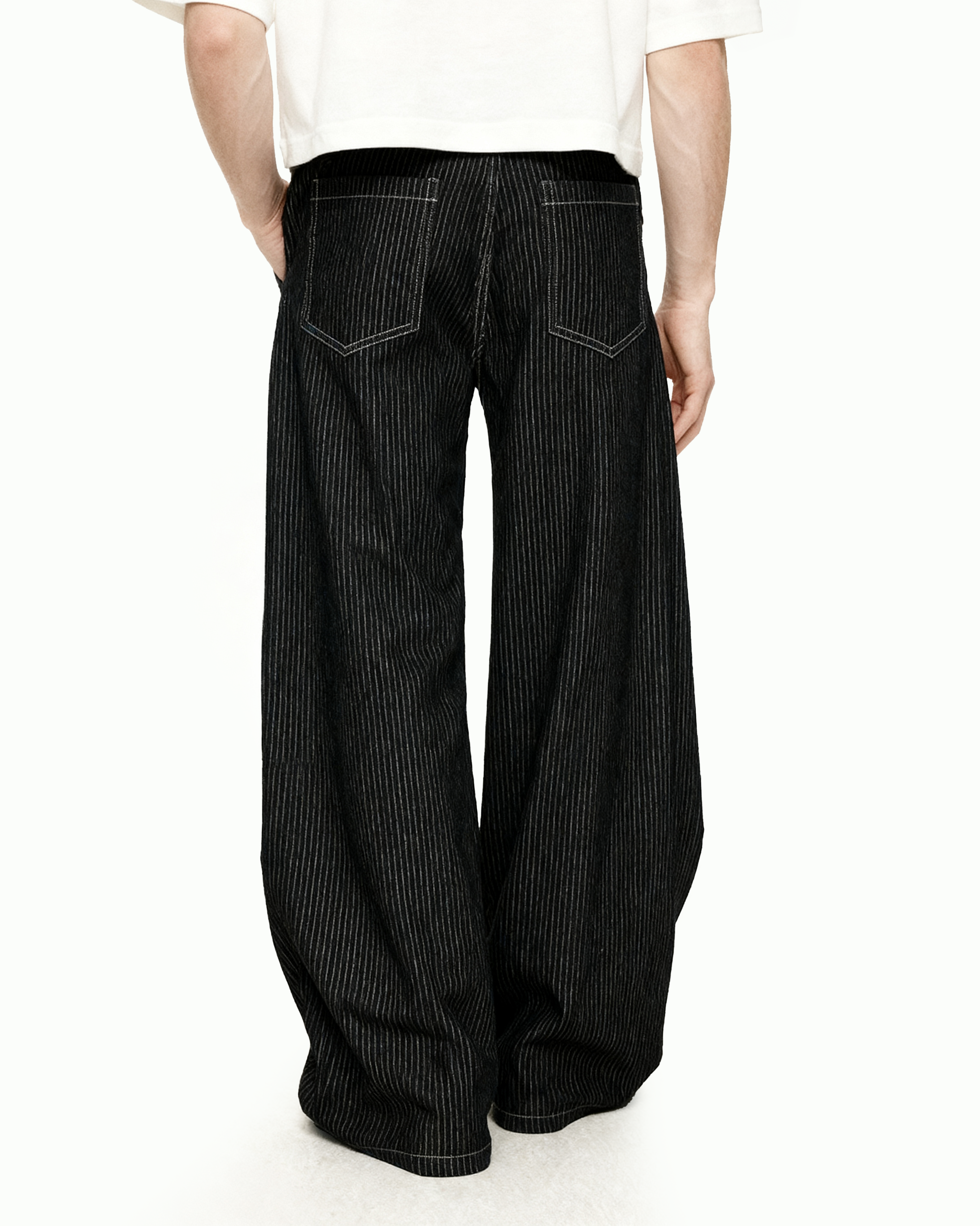 Pinstripe Pleated Wide Leg Asymmetric-Button Denim Jeans - nightcity clothing