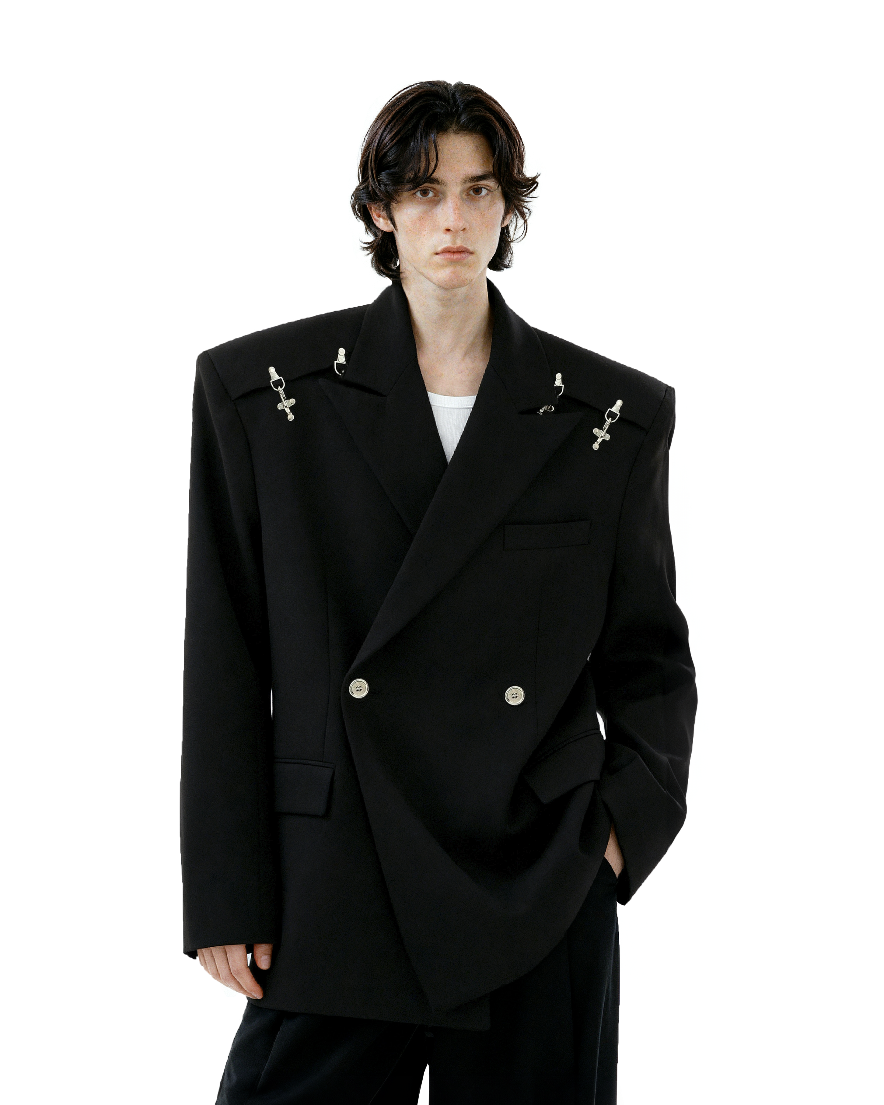 Oversized Double-Breasted Blazer with Peak Lapels and Silver Accents-2