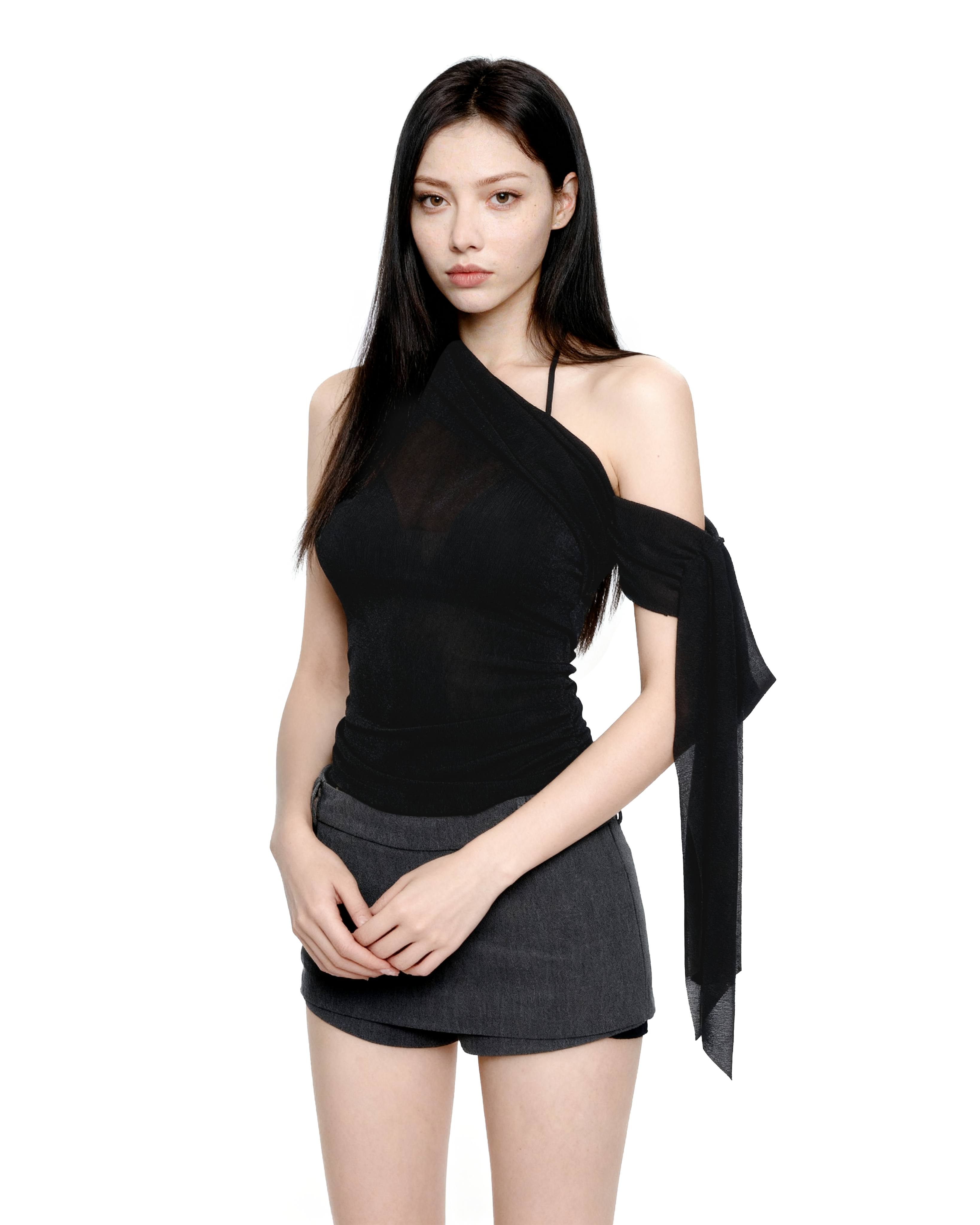 Sheer One Shoulder Ruched Wrap Mesh Top - nightcity clothing