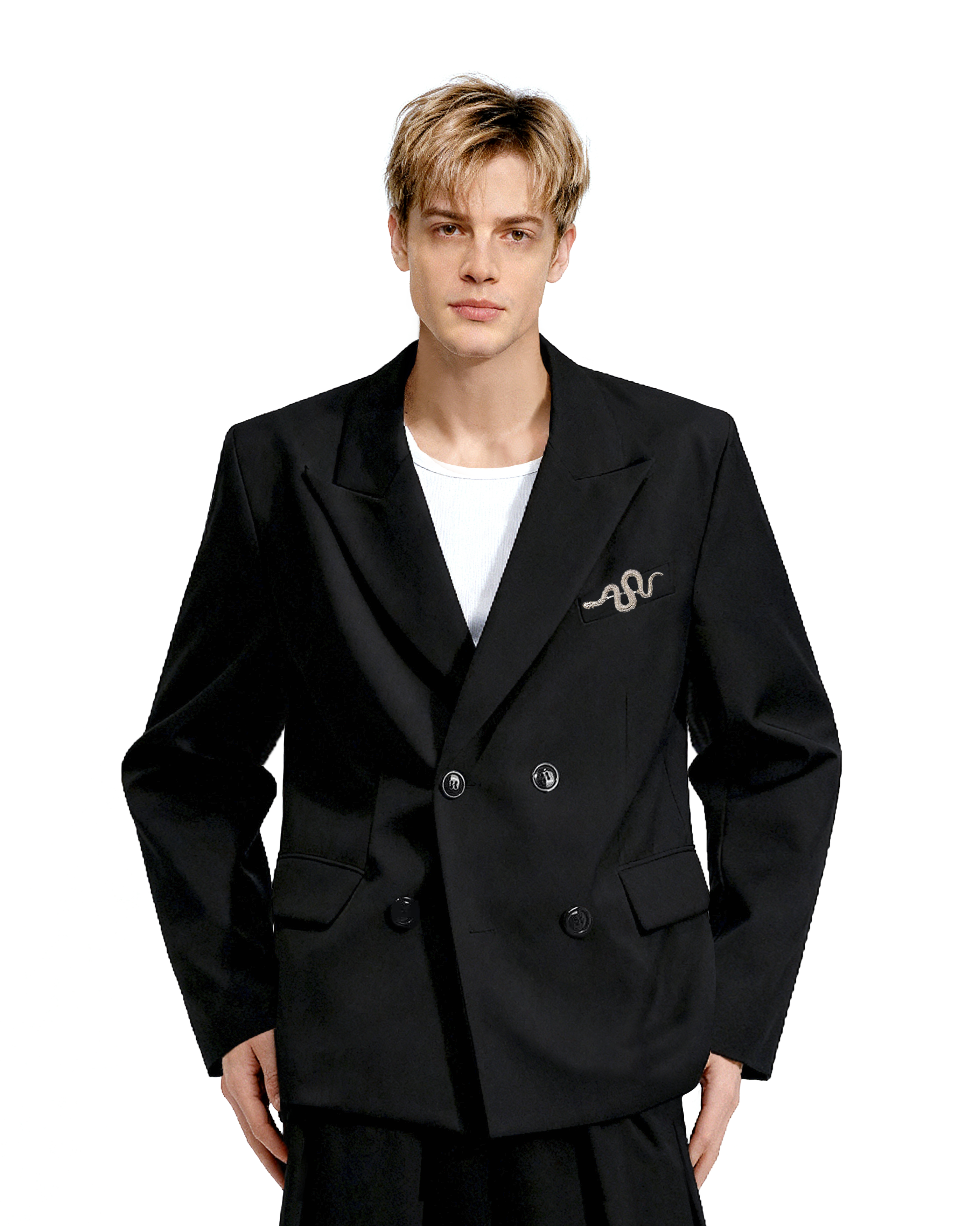 Oversized Snake-Brooch Wide Lapel Blazer and Pleated Pants Two-Piece Set