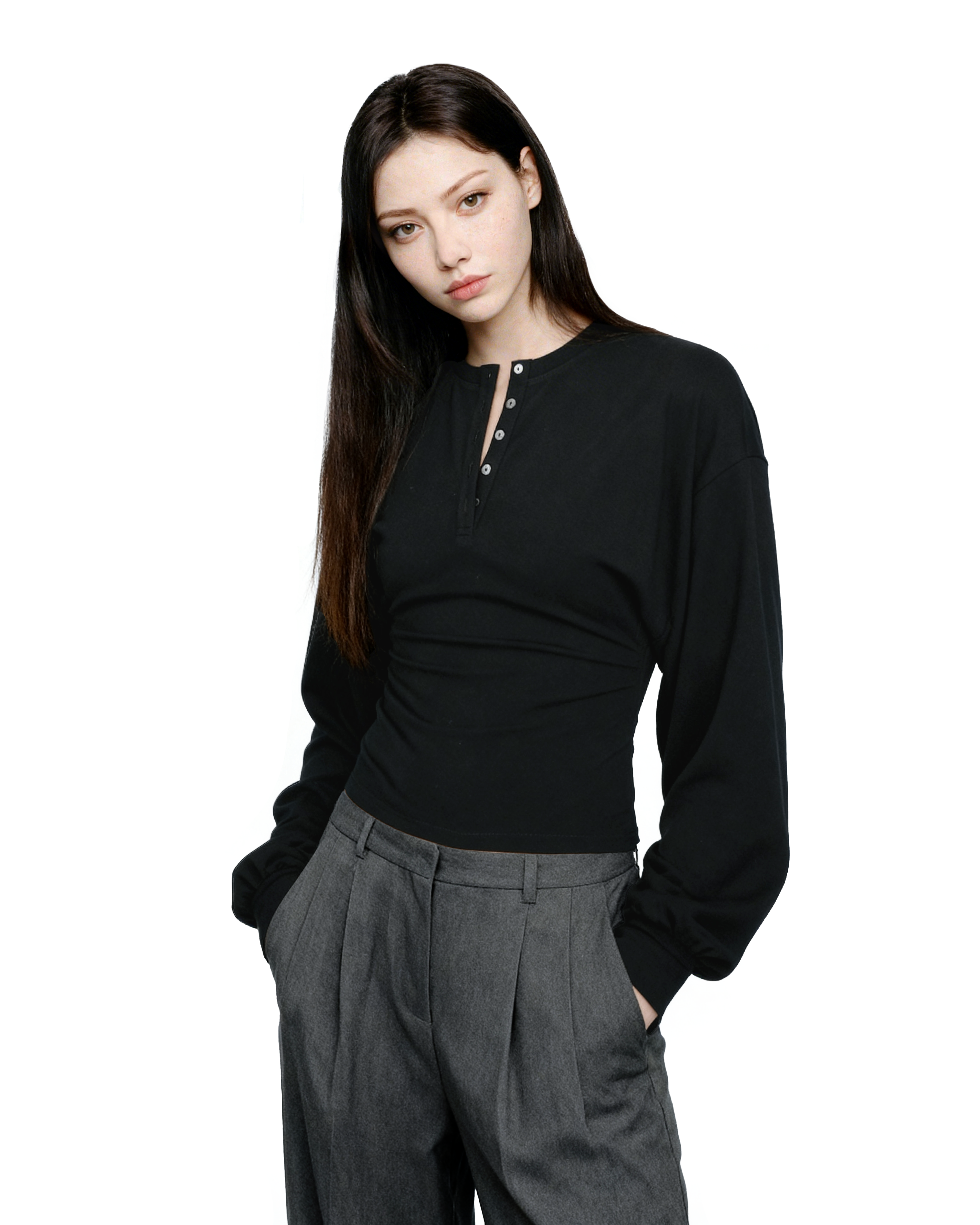 Henley Neck Cinch-Waisted T-Shirt With Balloon Sleeves - nightcity clothing