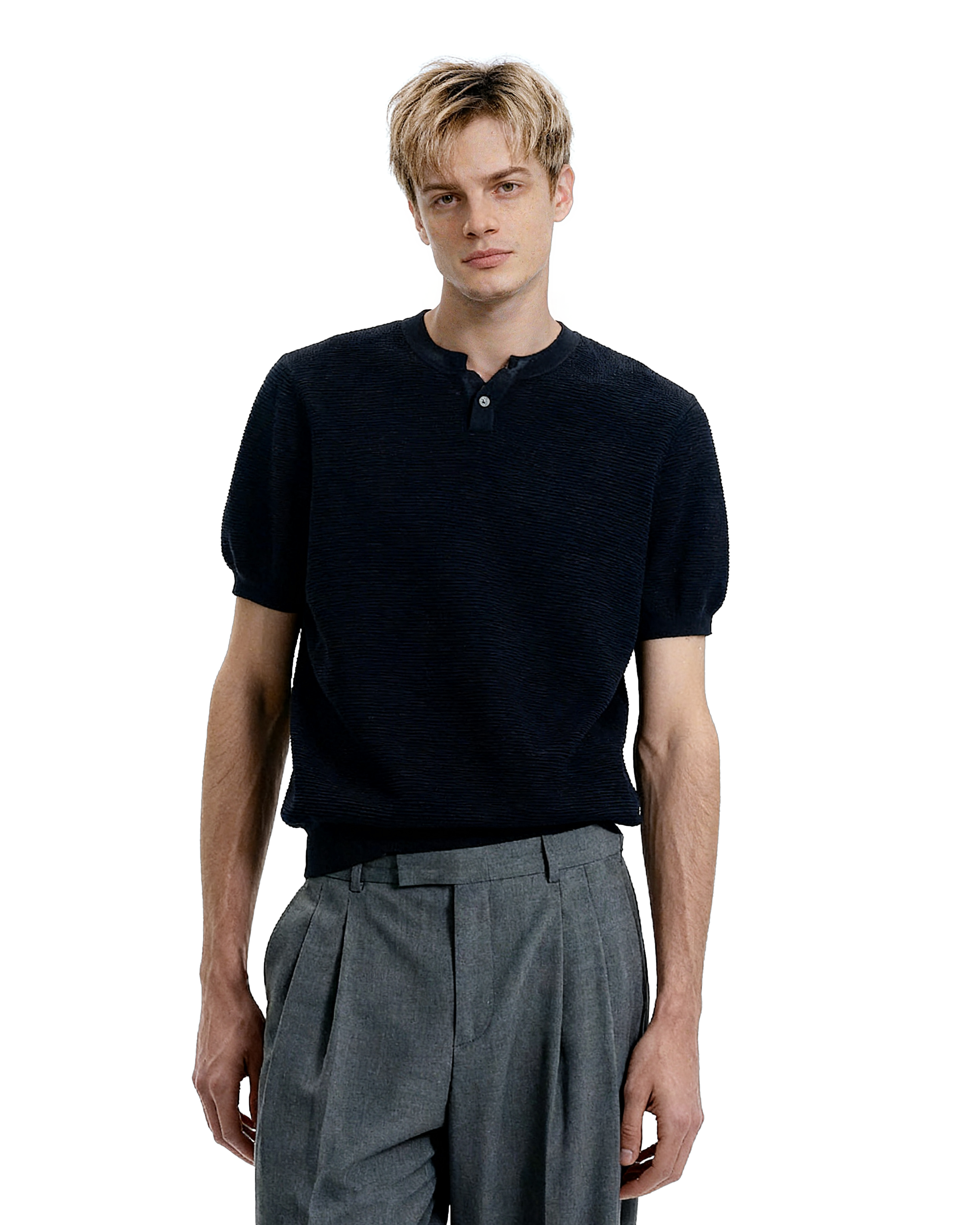 Waffle Textured Short Sleeve Henley Knit Lightweight Top - nightcity clothing